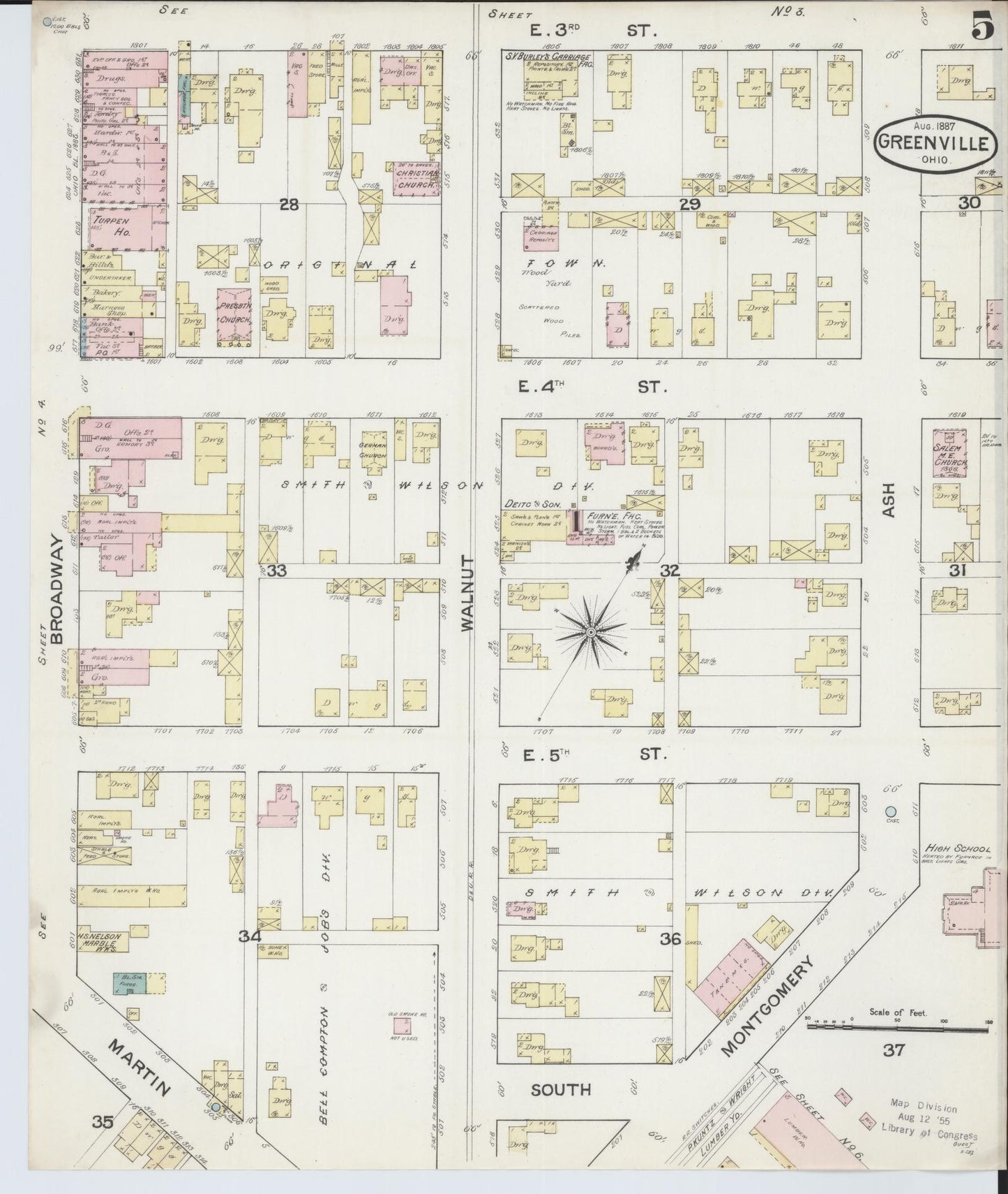 Sanborn Fire Insurance Map from Greenville, Darke County, Ohio (1887), Sheet #0005 - Historic Sanborn Fire Insurance Map Print, vintage old map wall art, antique decor, genealogy gift, Ohio Ohio map