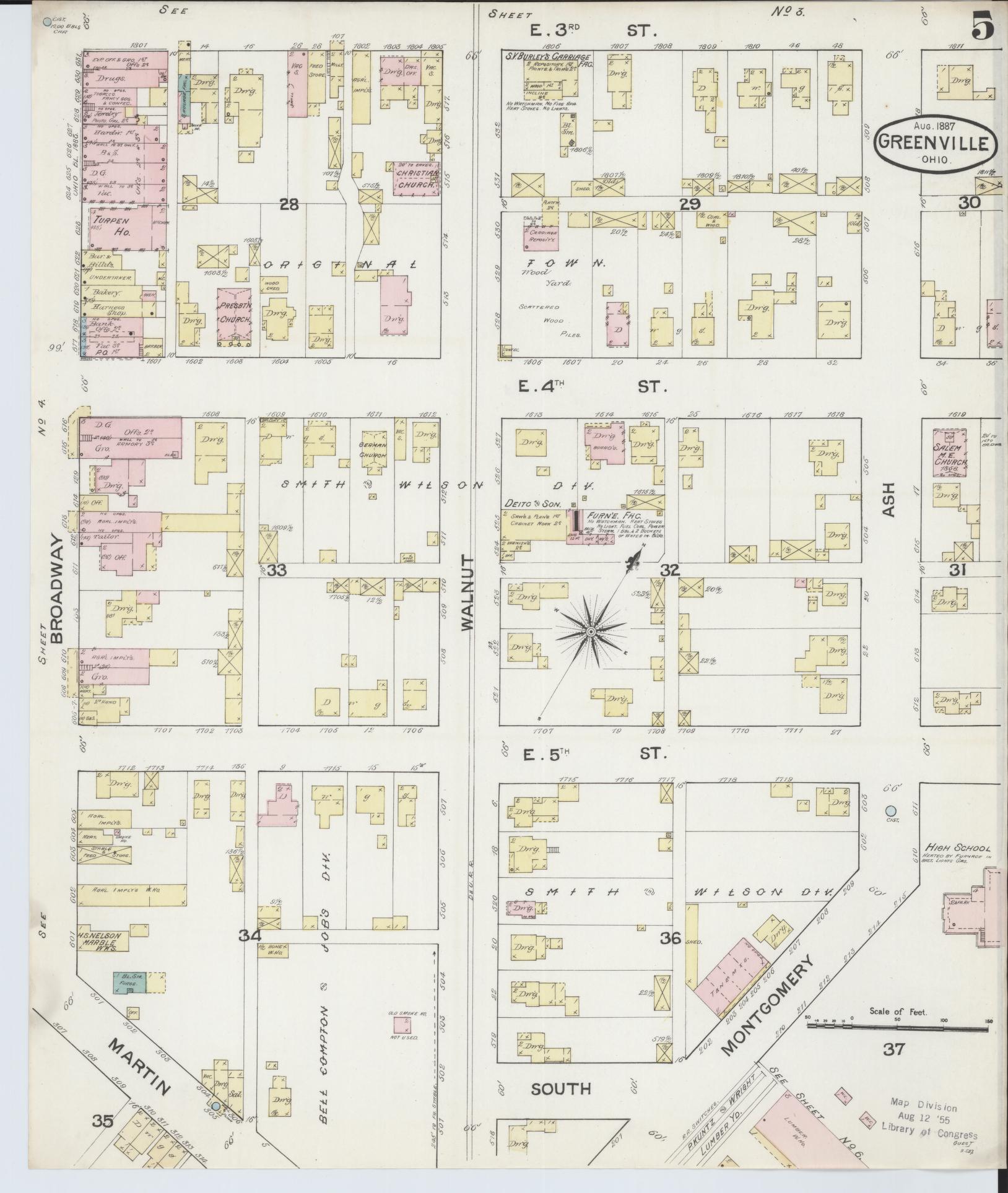 Sanborn Fire Insurance Map from Greenville, Darke County, Ohio (1887), Sheet #0005 - Historic Sanborn Fire Insurance Map Print, vintage old map wall art, antique decor, genealogy gift, Ohio Ohio map