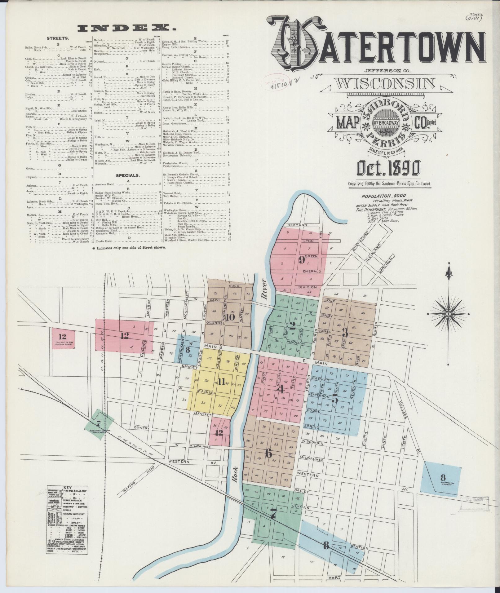 Sanborn Fire Insurance Map from Watertown, Jefferson County, Wisconsin (1890), Sheet #0001 - Complete Map Set gallery image, historic Sanborn map, vintage wall art, Wisconsin Wisconsin