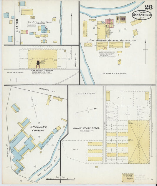Sanborn Fire Insurance Map from San Antonio, Bexar County, Texas (1892), Sheet #0028 - Historic Sanborn Fire Insurance Map Print, vintage old map wall art, antique decor, genealogy gift, Texas Texas map