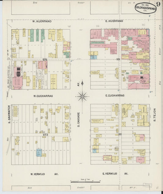 Sanborn Fire Insurance Map from Colorado Springs, El Paso County, Colorado (1890), Sheet #0009 - Historic Sanborn Fire Insurance Map Print, vintage old map wall art, antique decor, genealogy gift, Colorado Colorado map