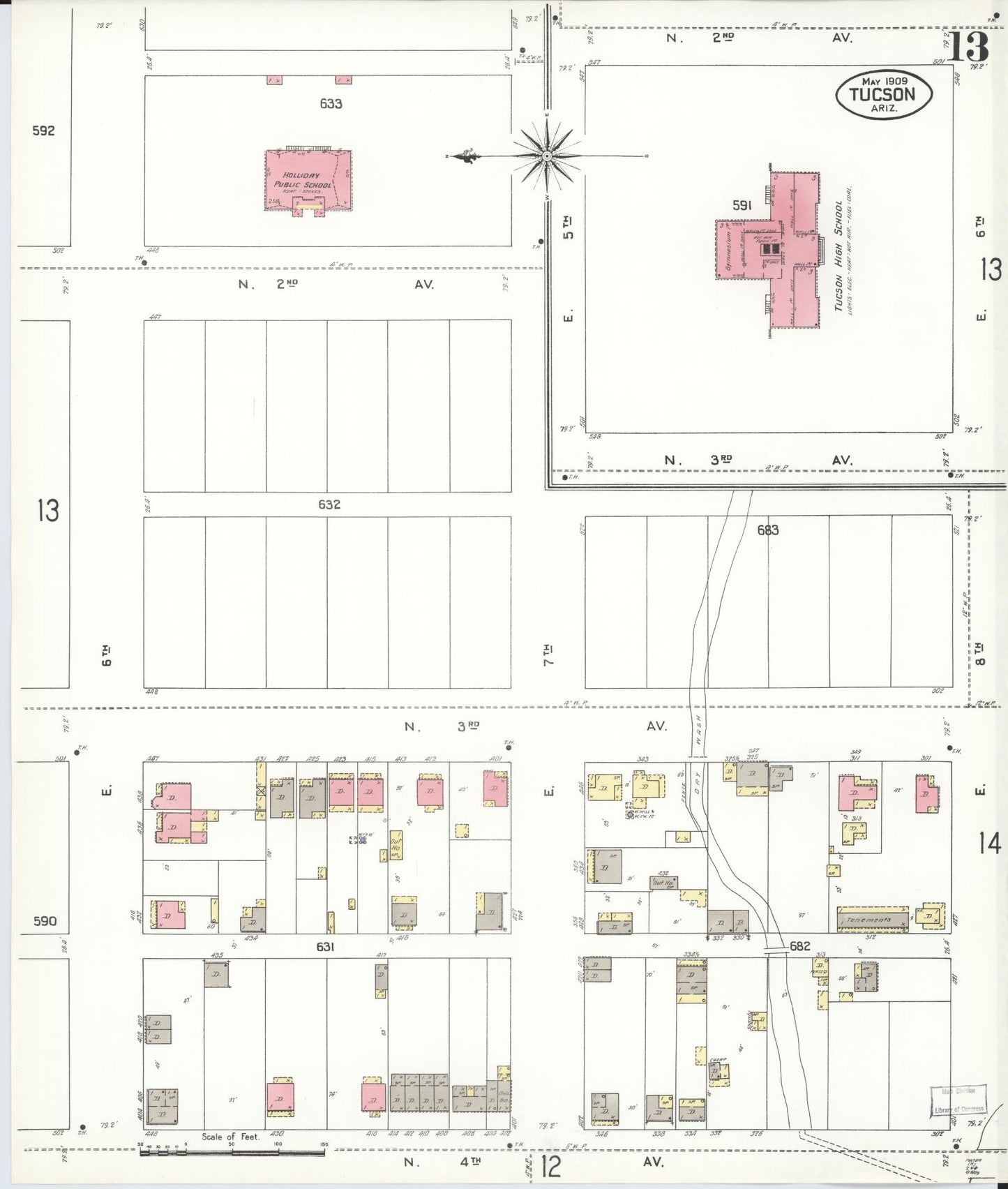 Sanborn Fire Insurance Map from Tucson, Pima County, Arizona (1909), Sheet #0013 - Historic Sanborn Fire Insurance Map Print, vintage old map wall art, antique decor, genealogy gift, Arizona Arizona map