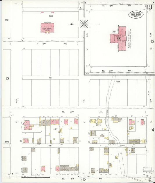 Sanborn Fire Insurance Map from Tucson, Pima County, Arizona (1909), Sheet #0013 - Historic Sanborn Fire Insurance Map Print, vintage old map wall art, antique decor, genealogy gift, Arizona Arizona map