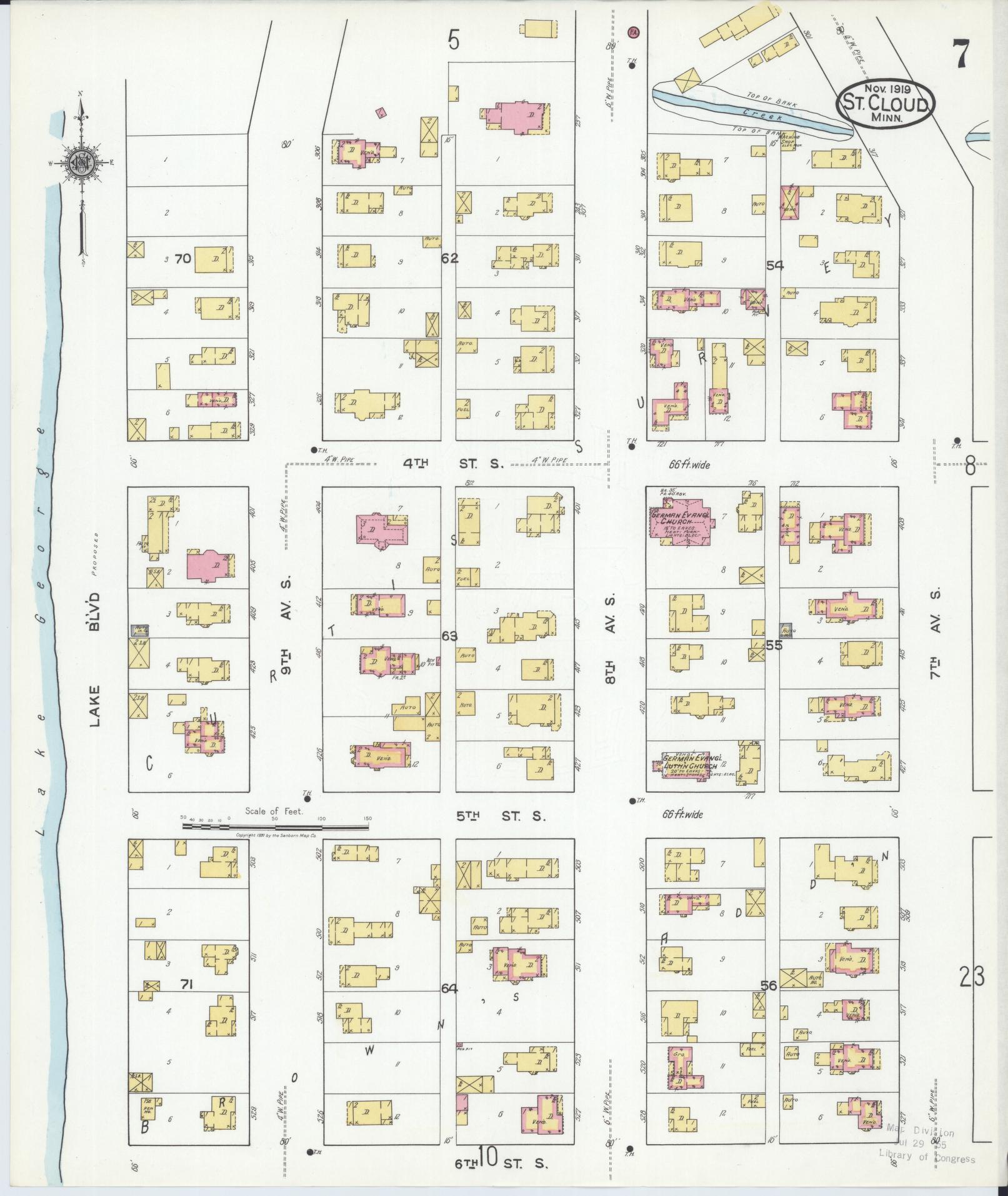 Sanborn Fire Insurance Map from Saint Cloud, Stearns, Benton, and Sherburne Counties, Minnesota (1919), Sheet #0007 - Complete Map Set gallery image, historic Sanborn map, vintage wall art, Minnesota Minnesota