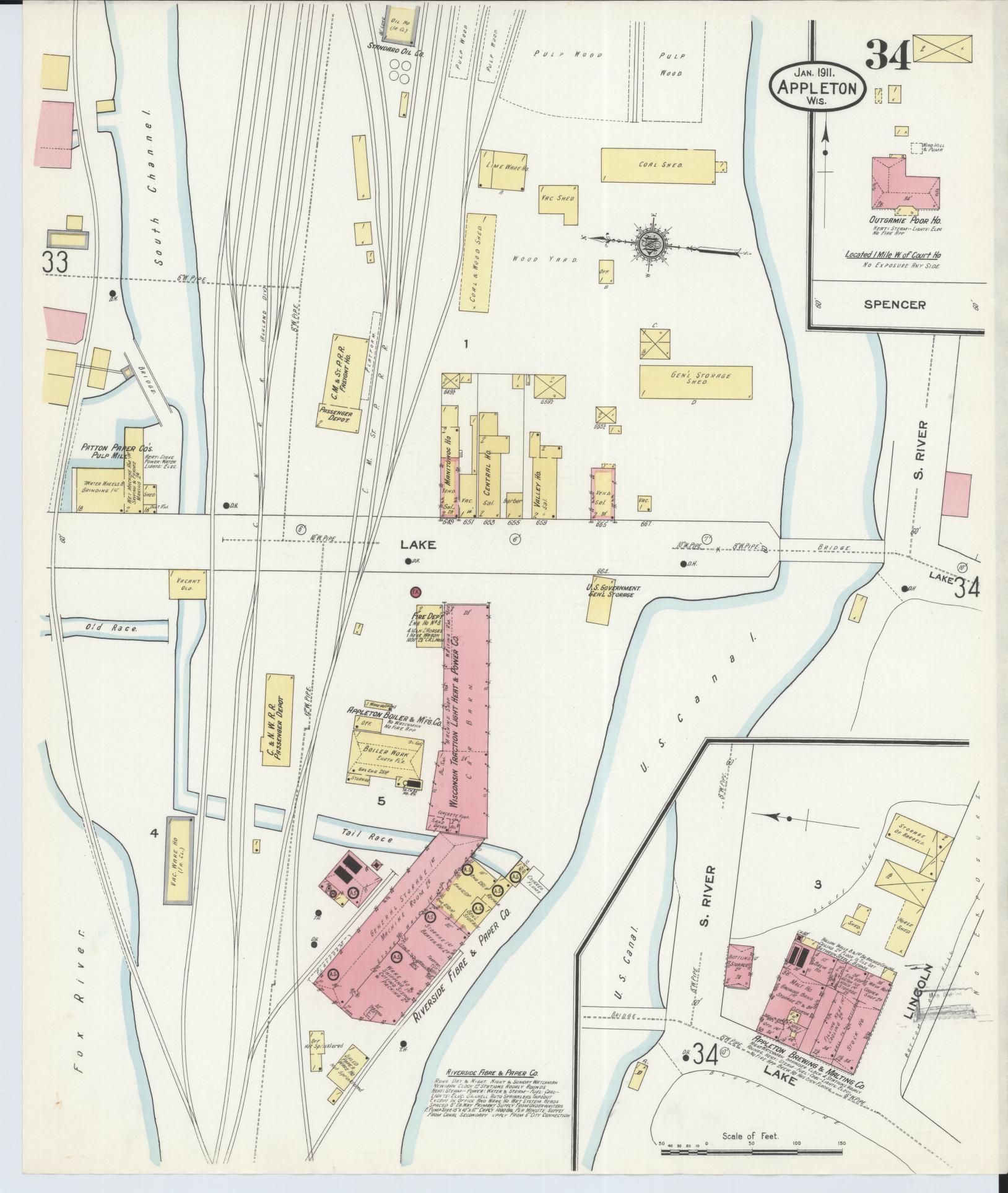 Sanborn Fire Insurance Map from Appleton, Outagamie County, Wisconsin (1911), Sheet #0034 - Historic Sanborn Fire Insurance Map Print, vintage old map wall art, antique decor, genealogy gift, Wisconsin Wisconsin map