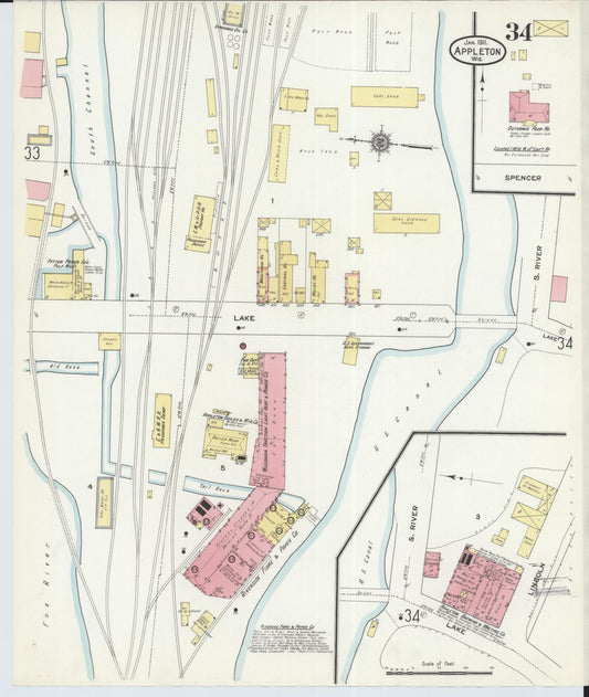 Sanborn Fire Insurance Map from Appleton, Outagamie County, Wisconsin (1911), Sheet #0034 - Historic Sanborn Fire Insurance Map Print, vintage old map wall art, antique decor, genealogy gift, Wisconsin Wisconsin map