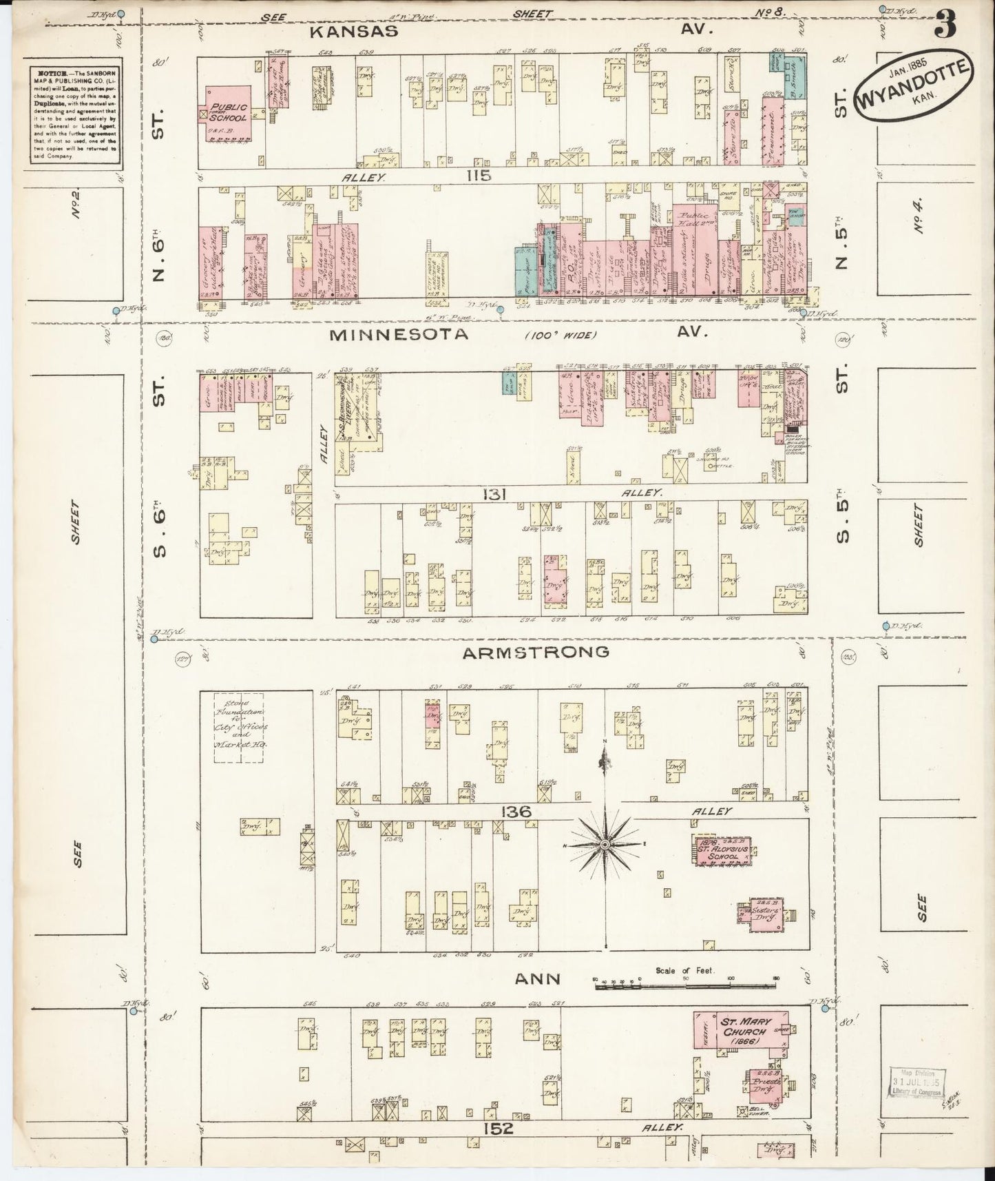 Sanborn Fire Insurance Map from Wyandotte, Wyandotte County, Kansas (1885), Sheet #0003 - Complete Map Set gallery image, historic Sanborn map, vintage wall art, Kansas Kansas