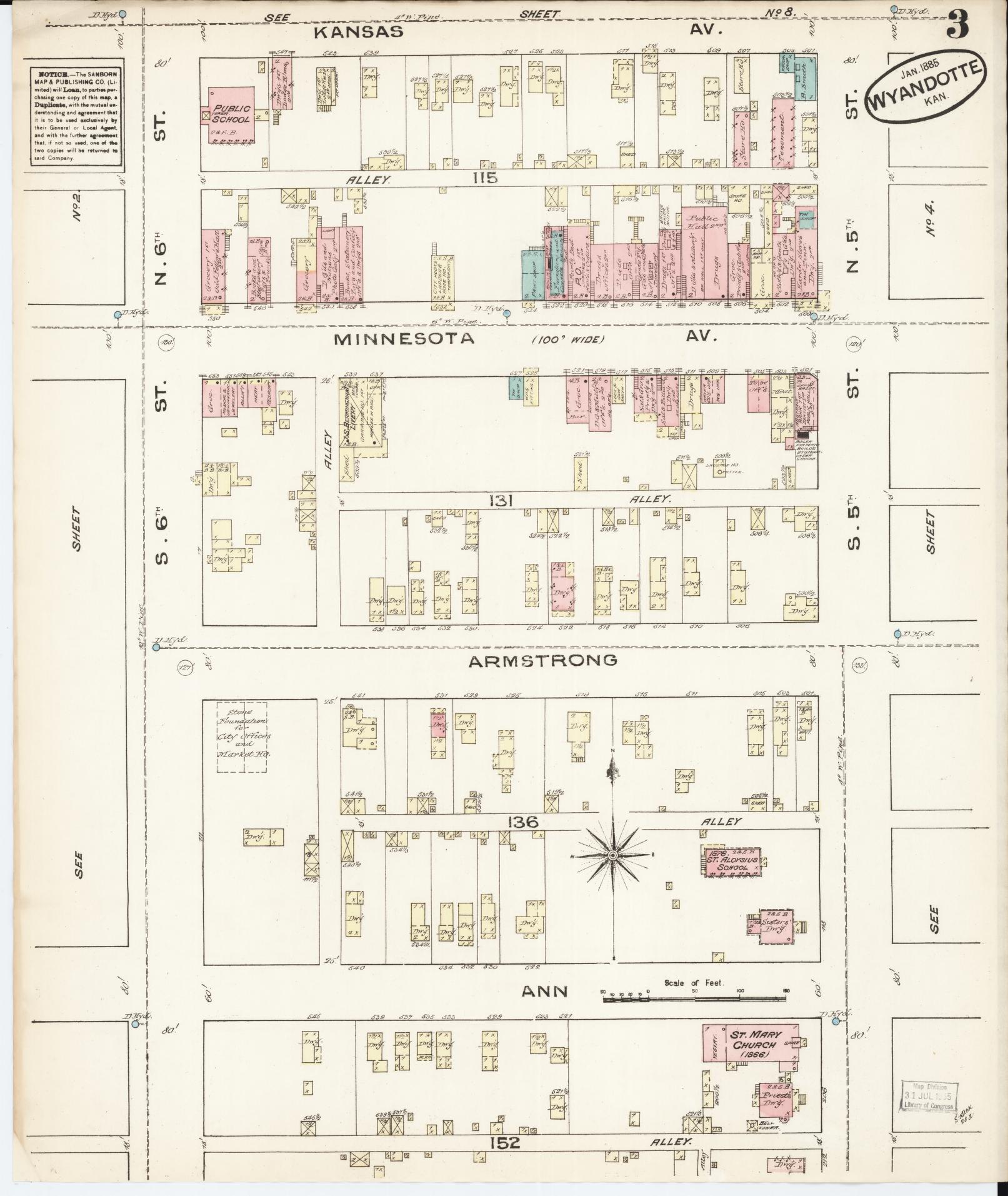 Sanborn Fire Insurance Map from Wyandotte, Wyandotte County, Kansas (1885), Sheet #0003 - Complete Map Set gallery image, historic Sanborn map, vintage wall art, Kansas Kansas