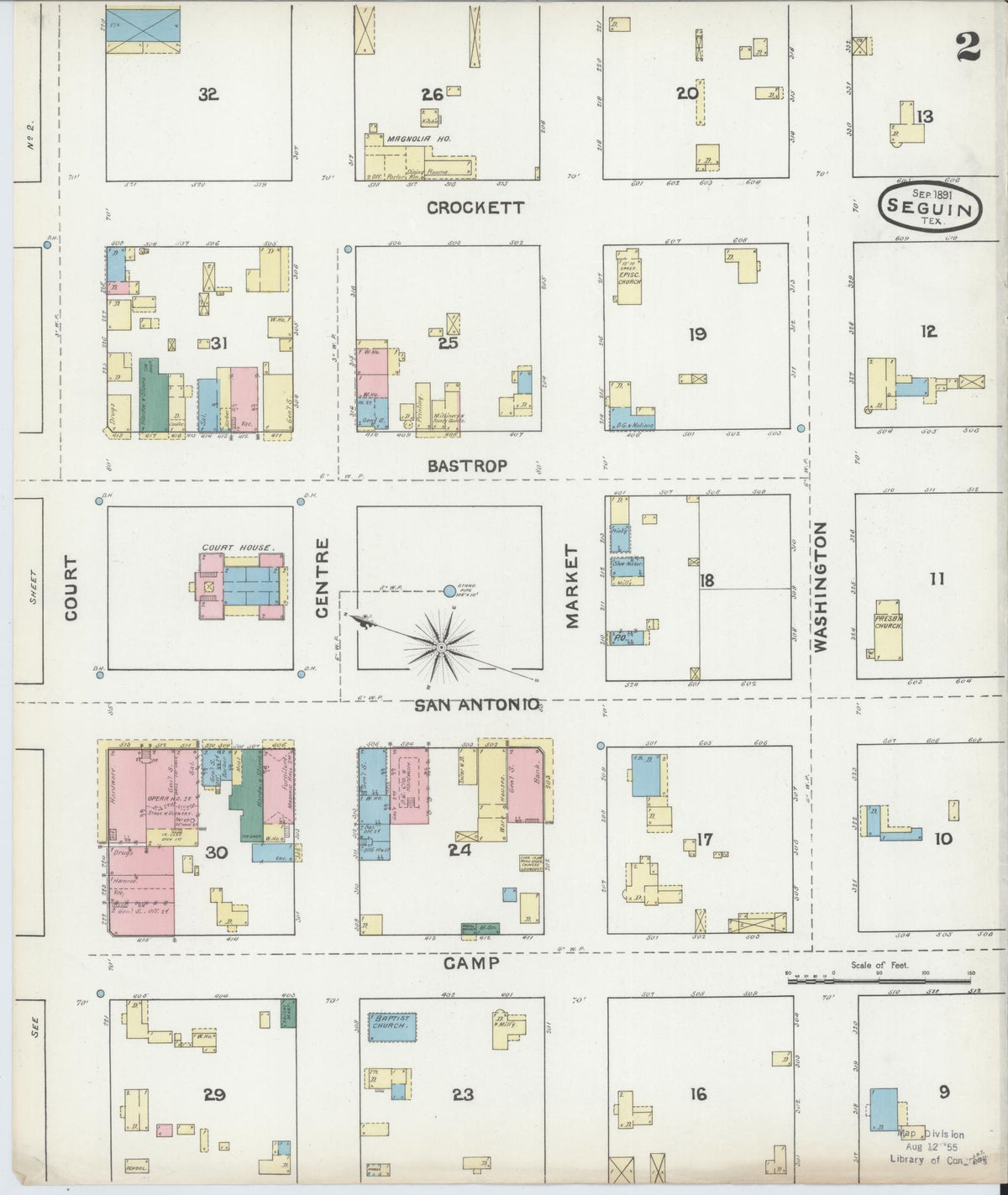 Sanborn Fire Insurance Map from Seguin, Guadalupe County, Texas (1891), Sheet #0002 - Complete Map Set gallery image, historic Sanborn map, vintage wall art, Texas Texas
