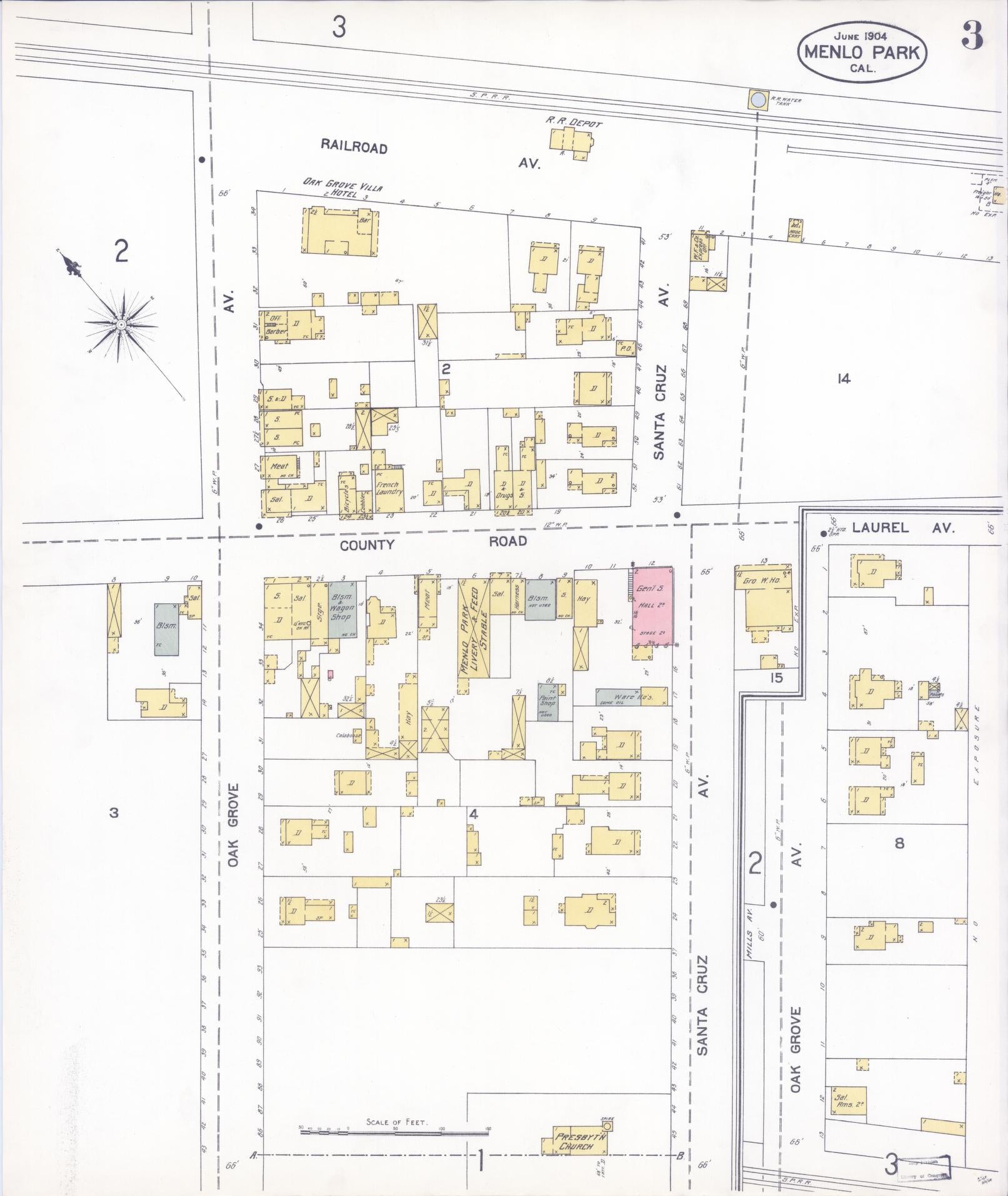 Sanborn Fire Insurance Map from Menlo Park, San Mateo County, California (1904), Sheet #0003 - Historic Sanborn Fire Insurance Map Print, vintage old map wall art, antique decor, genealogy gift, California California map