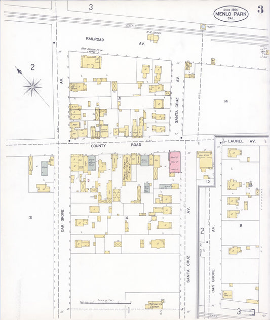 Sanborn Fire Insurance Map from Menlo Park, San Mateo County, California (1904), Sheet #0003 - Historic Sanborn Fire Insurance Map Print, vintage old map wall art, antique decor, genealogy gift, California California map