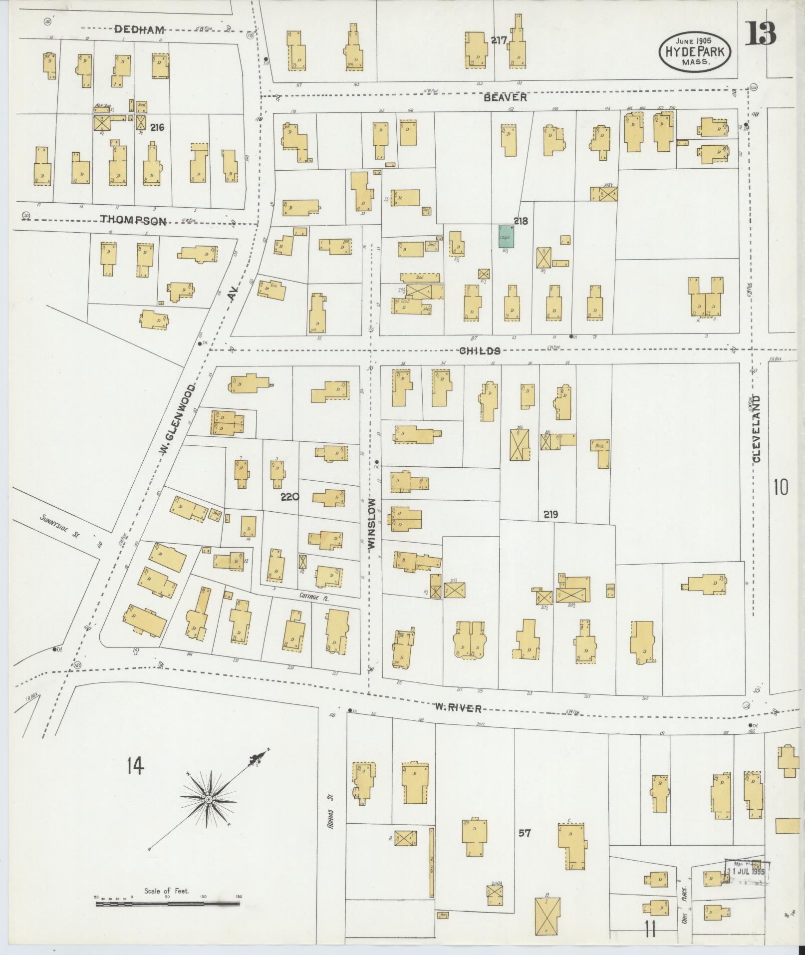 Sanborn Fire Insurance Map from Hyde Park, Norfolk County, Massachusetts (1905), Sheet #0013 - Complete Map Set gallery image, historic Sanborn map, vintage wall art, Massachusetts Massachusetts