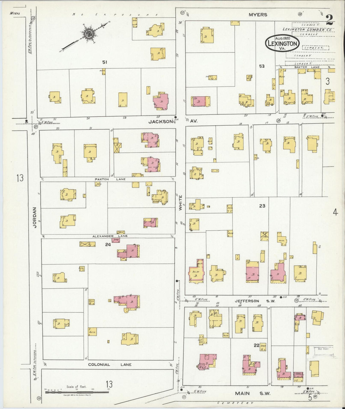 Sanborn Fire Insurance Map from Lexington, Independent Cities, Virginia (1920), Sheet #0002 - Historic Sanborn Fire Insurance Map Print, vintage old map wall art, antique decor, genealogy gift, Virginia Virginia map