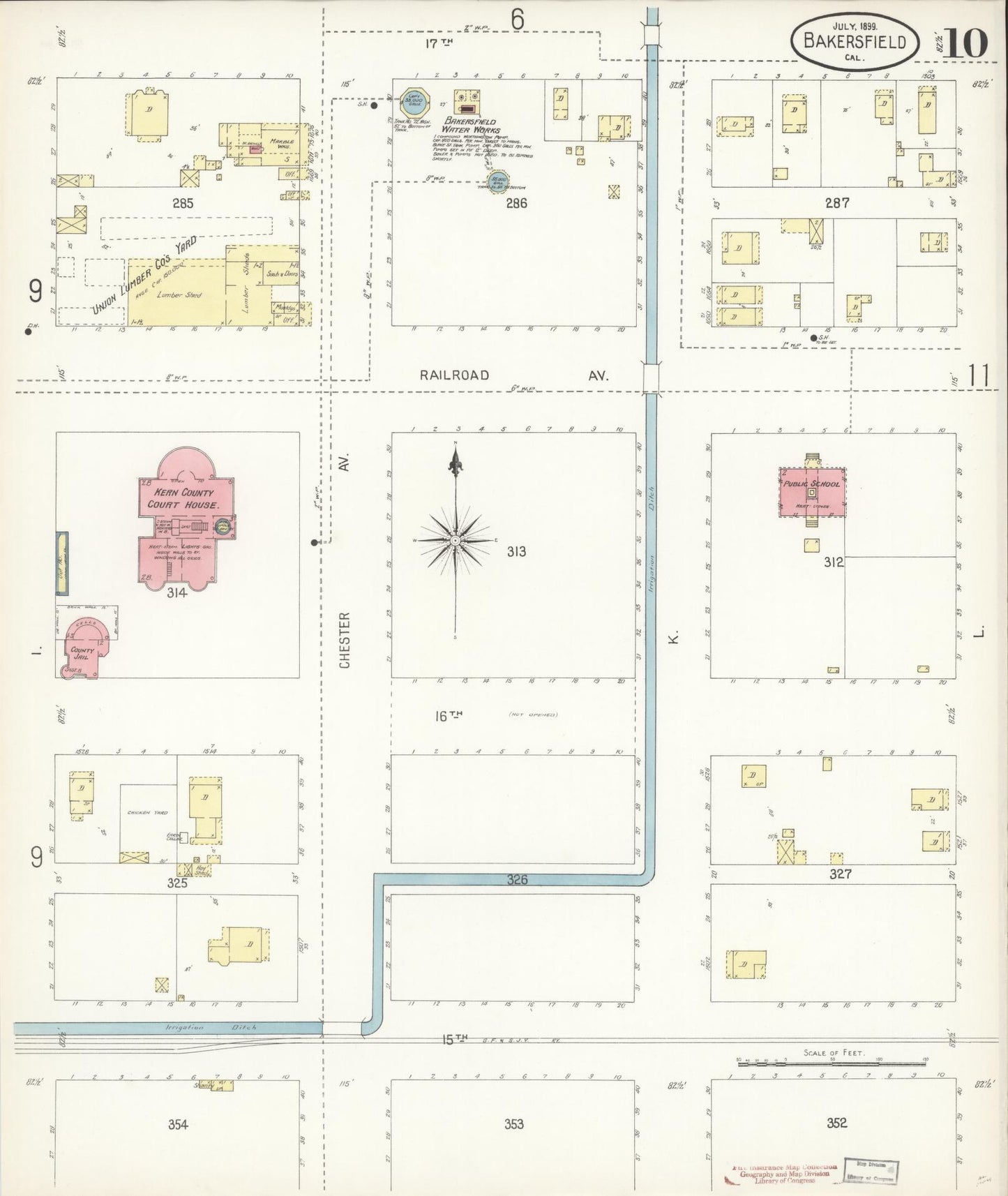 Sanborn Fire Insurance Map from Bakersfield, Kern County, California (1899), Sheet #0010 - Historic Sanborn Fire Insurance Map Print, vintage old map wall art, antique decor, genealogy gift, California California map