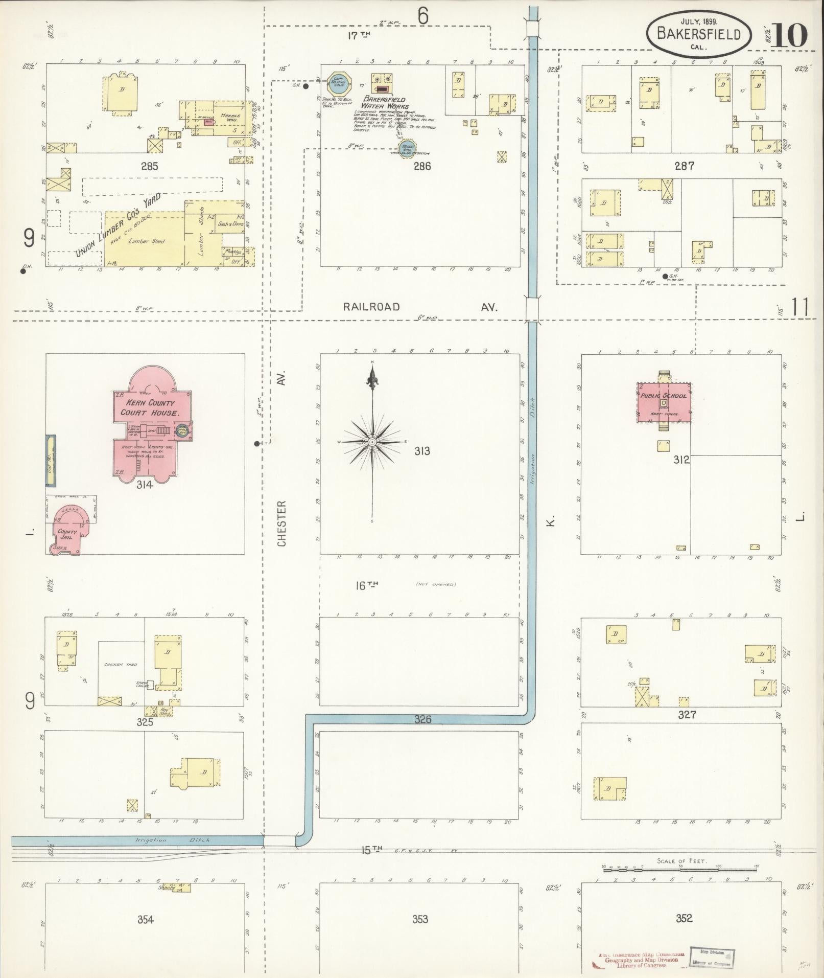 Sanborn Fire Insurance Map from Bakersfield, Kern County, California (1899), Sheet #0010 - Historic Sanborn Fire Insurance Map Print, vintage old map wall art, antique decor, genealogy gift, California California map