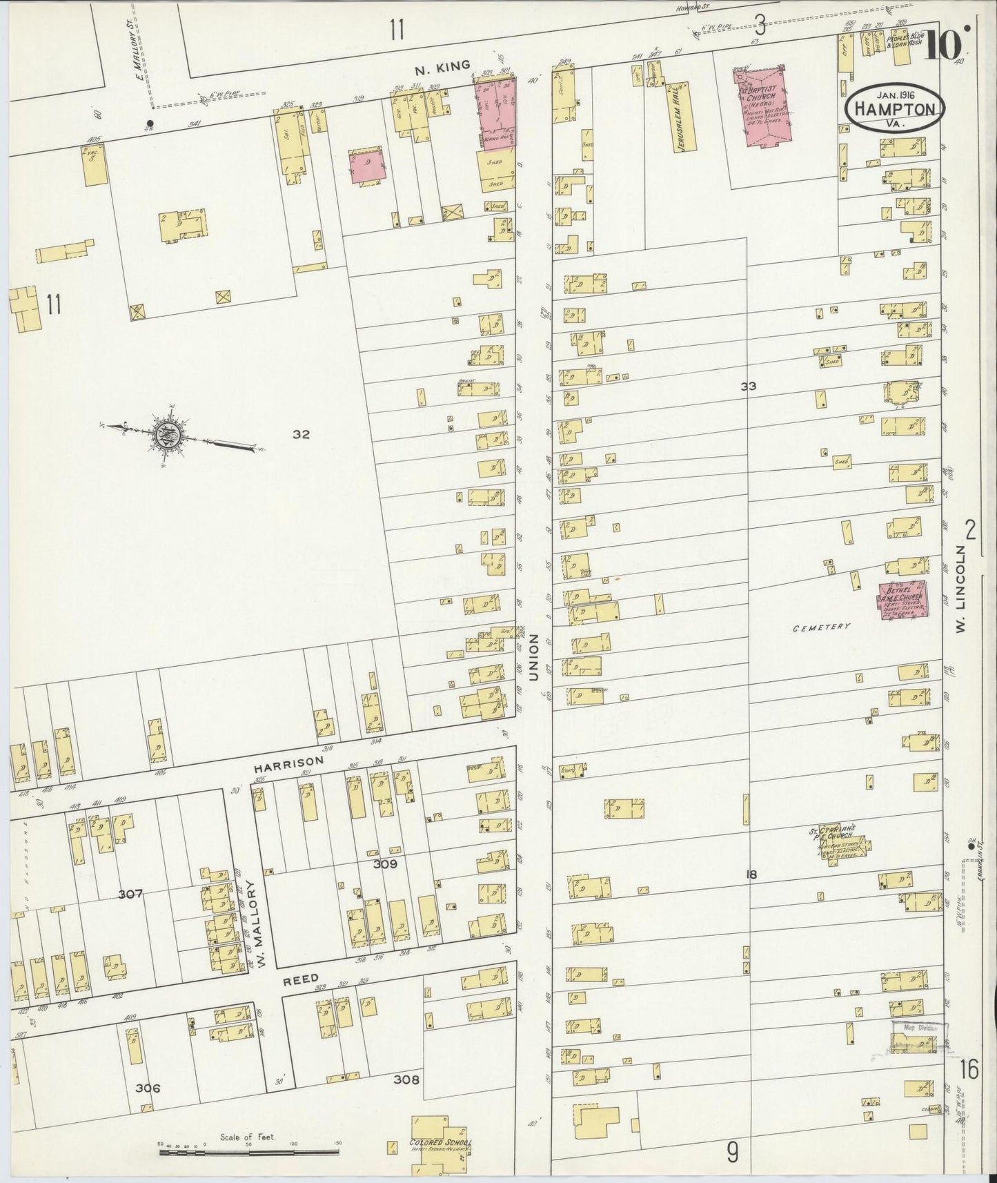 Sanborn Fire Insurance Map from Hampton, Independent Cities, Virginia (1916), Sheet #0010 - Complete Map Set gallery image, historic Sanborn map, vintage wall art, Virginia Virginia
