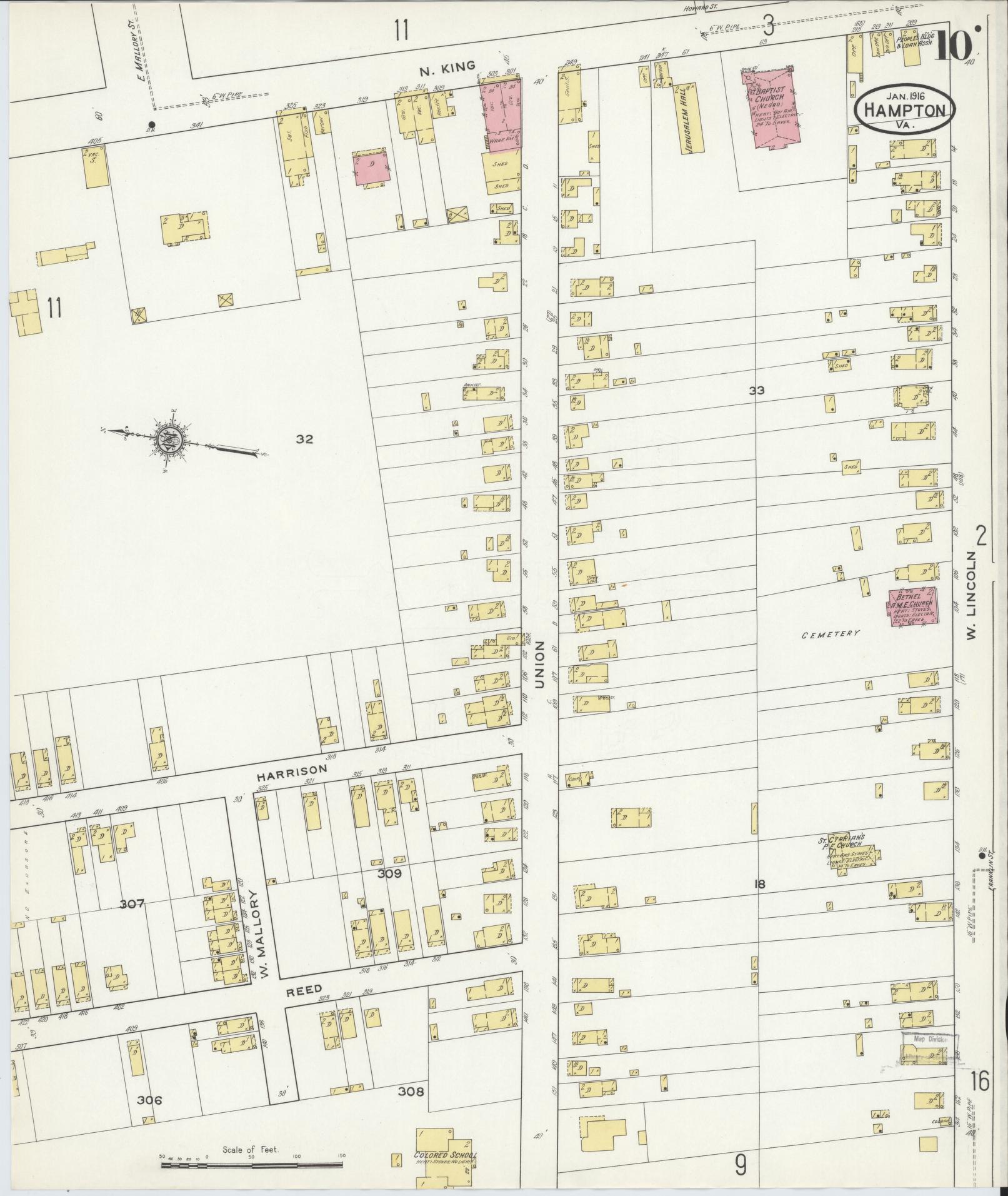 Sanborn Fire Insurance Map from Hampton, Independent Cities, Virginia (1916), Sheet #0010 - Complete Map Set gallery image, historic Sanborn map, vintage wall art, Virginia Virginia