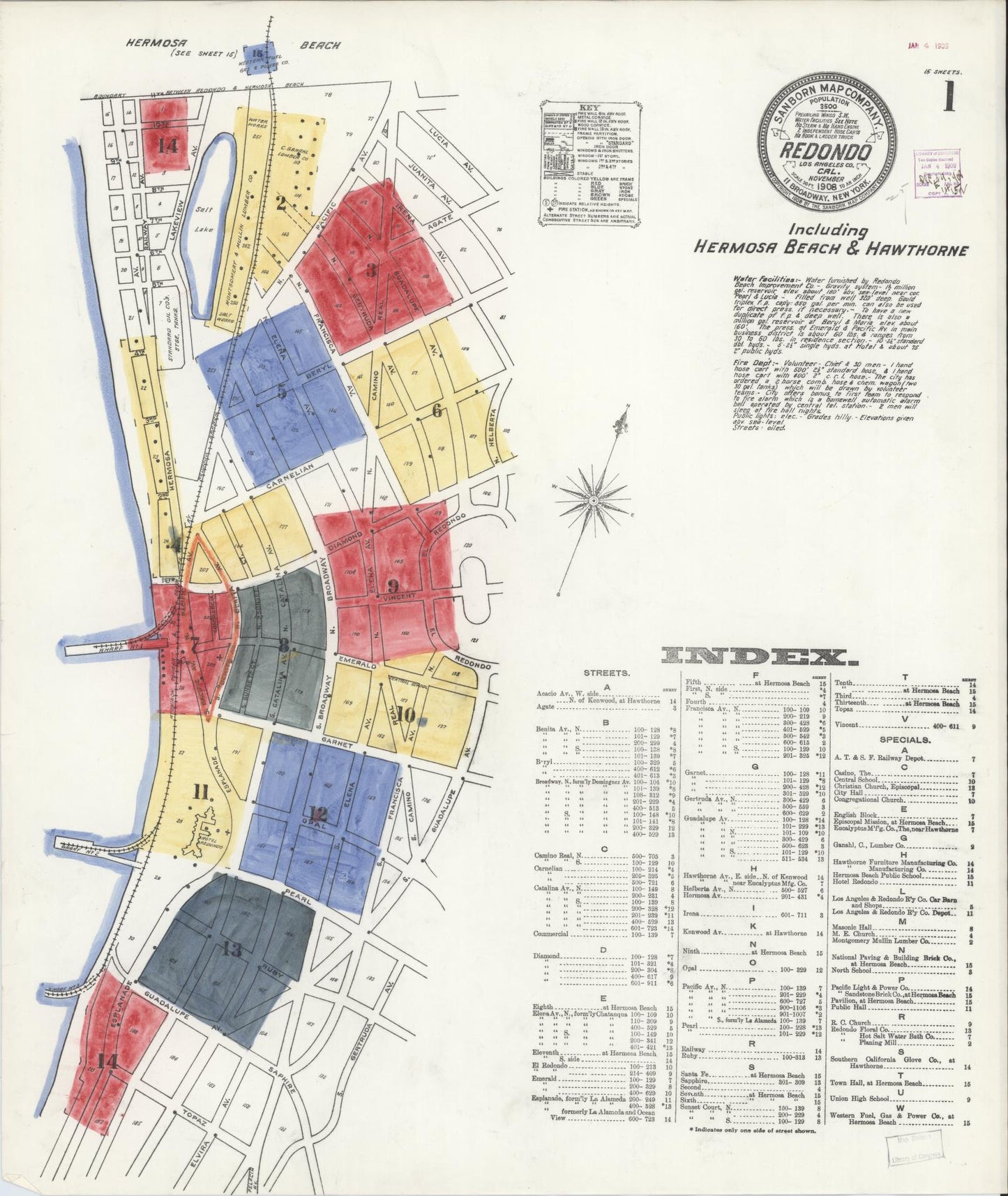 Sanborn Fire Insurance Map from Redondo Beach, Los Angeles County, California (1908), Sheet #0001 - Complete Map Set gallery image, historic Sanborn map, vintage wall art, California California