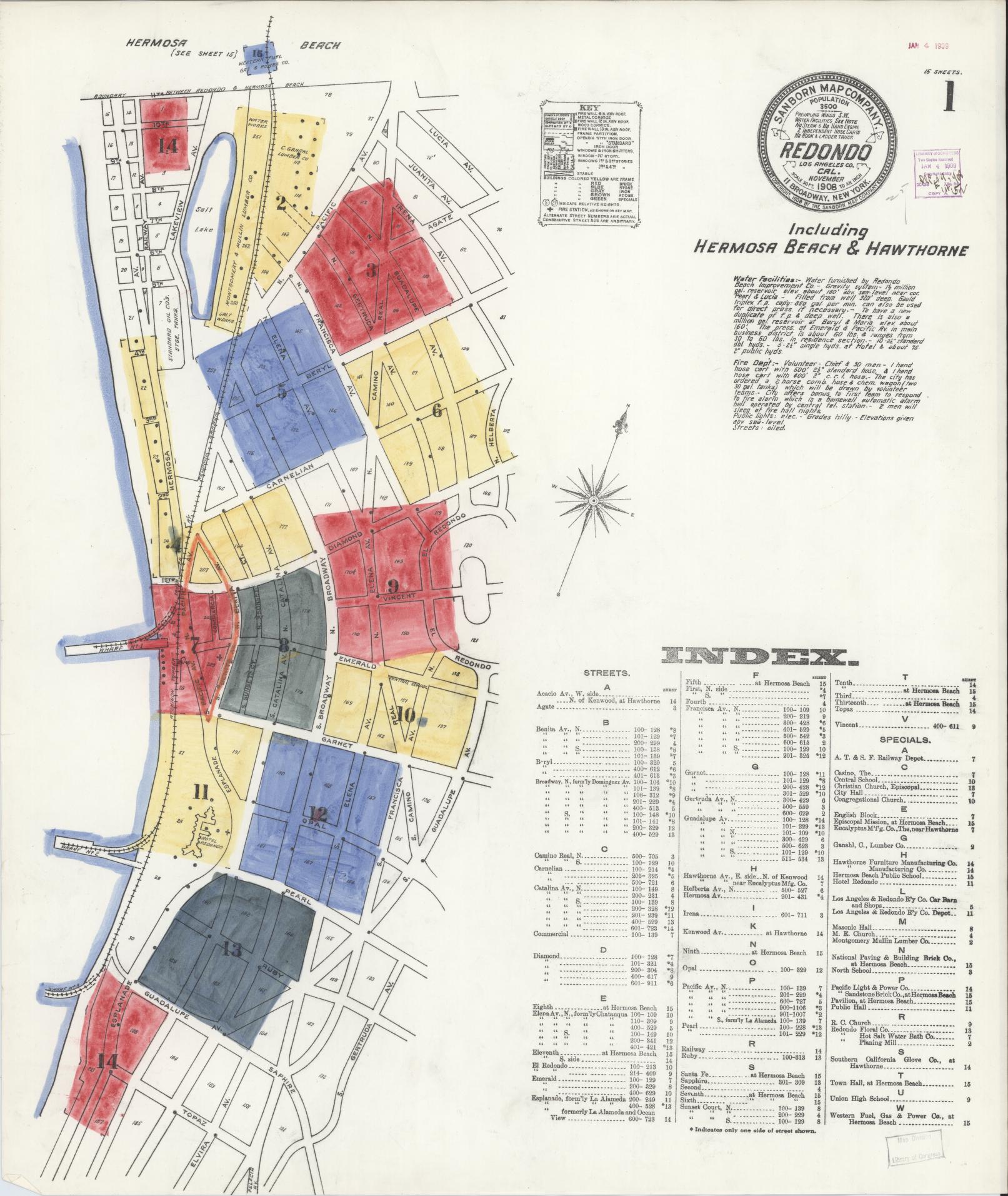Sanborn Fire Insurance Map from Redondo Beach, Los Angeles County, California (1908), Sheet #0001 - Complete Map Set gallery image, historic Sanborn map, vintage wall art, California California