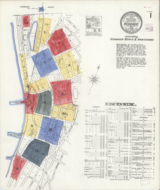 Sanborn Fire Insurance Map from Redondo Beach, Los Angeles County, California (1908), Sheet #0001 - Complete Map Set gallery image, historic Sanborn map, vintage wall art, California California