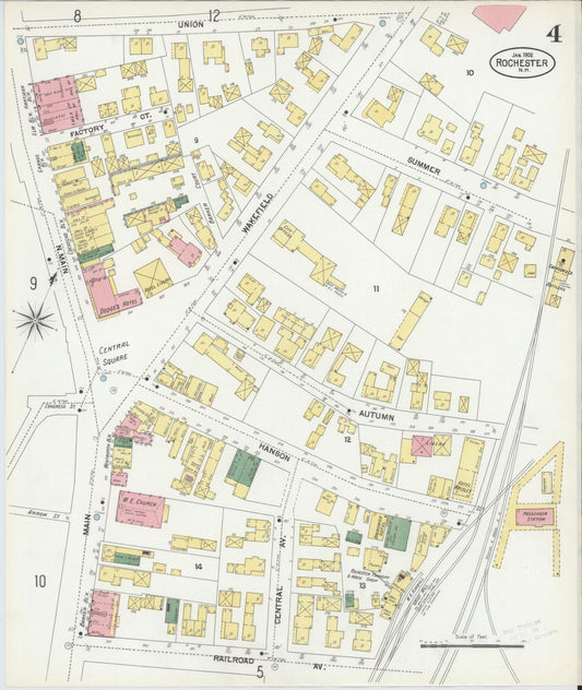 Sanborn Fire Insurance Map from Rochester, Strafford County, New Hampshire (1902), Sheet #0004 - Historic Sanborn Fire Insurance Map Print, vintage old map wall art, antique decor, genealogy gift, New Hampshire New Hampshire map