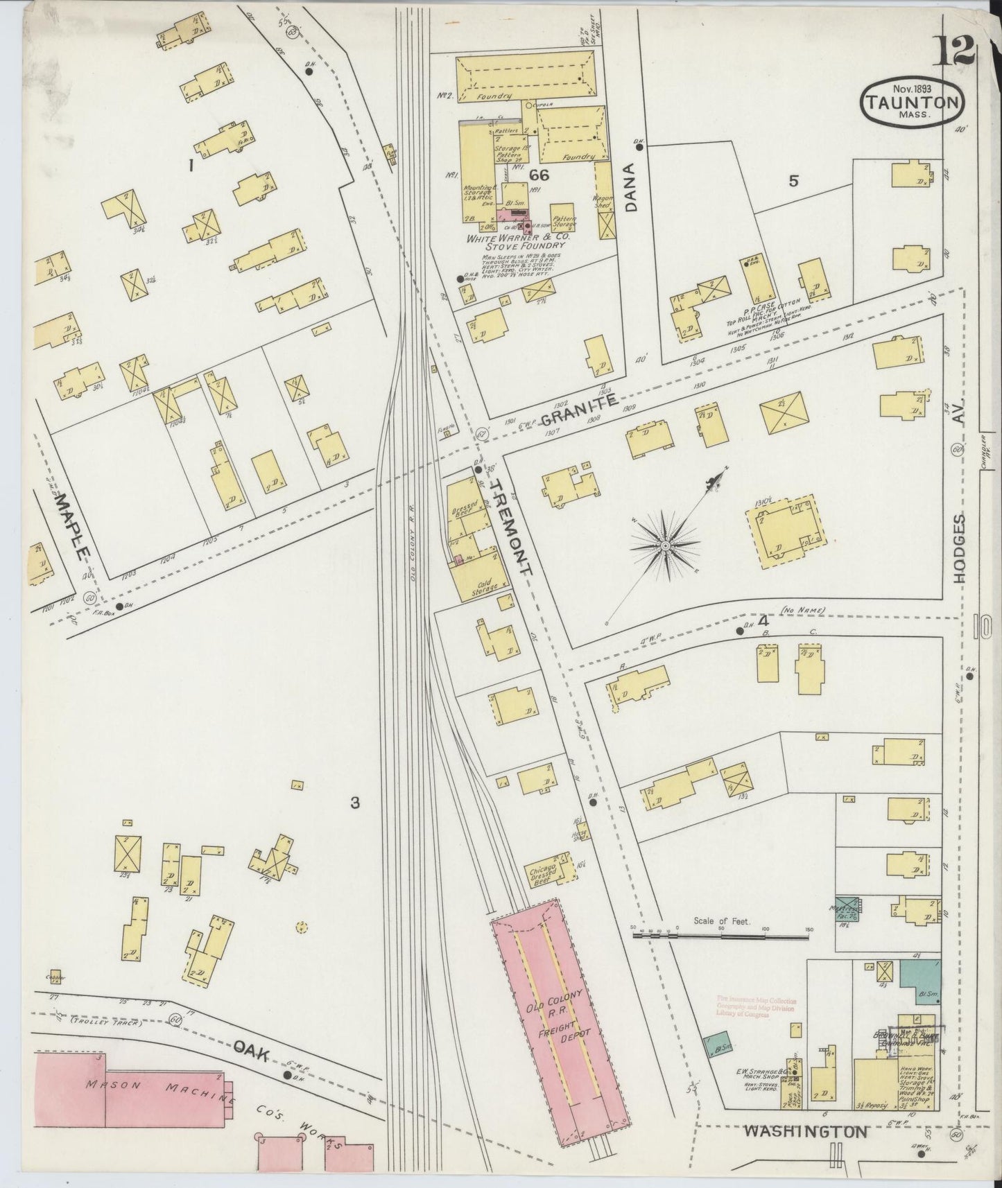 Sanborn Fire Insurance Map from Taunton, Bristol County, Massachusetts (1893), Sheet #0012 - Complete Map Set gallery image, historic Sanborn map, vintage wall art, Massachusetts Massachusetts