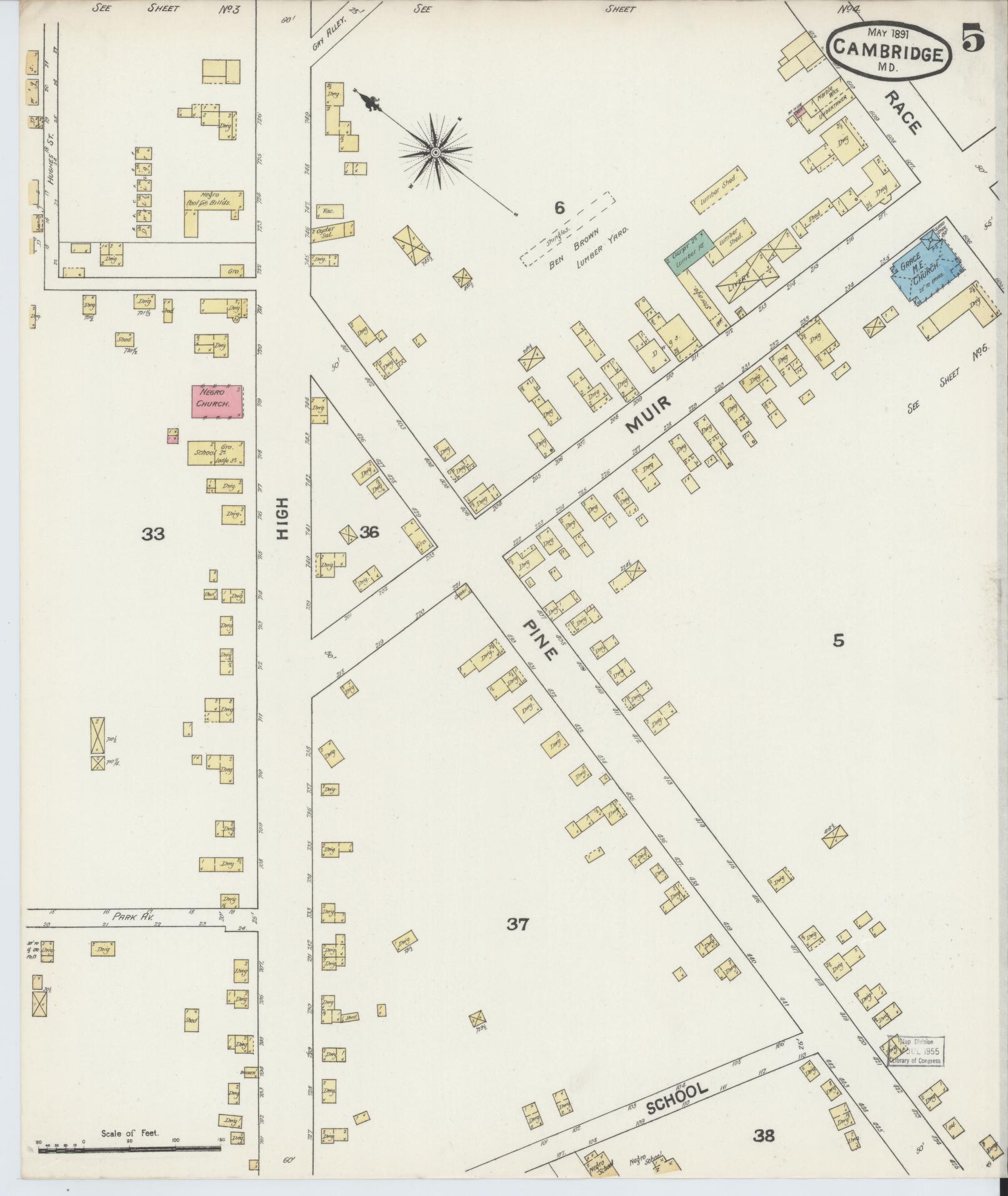 Dorchester, Maryland - 1891 - Sanborn Fire Insurance Map, Sheet #0005 - Historic Sanborn Fire Insurance Map Print, Dorchester Maryland 1891 0005 vintage old map wall art