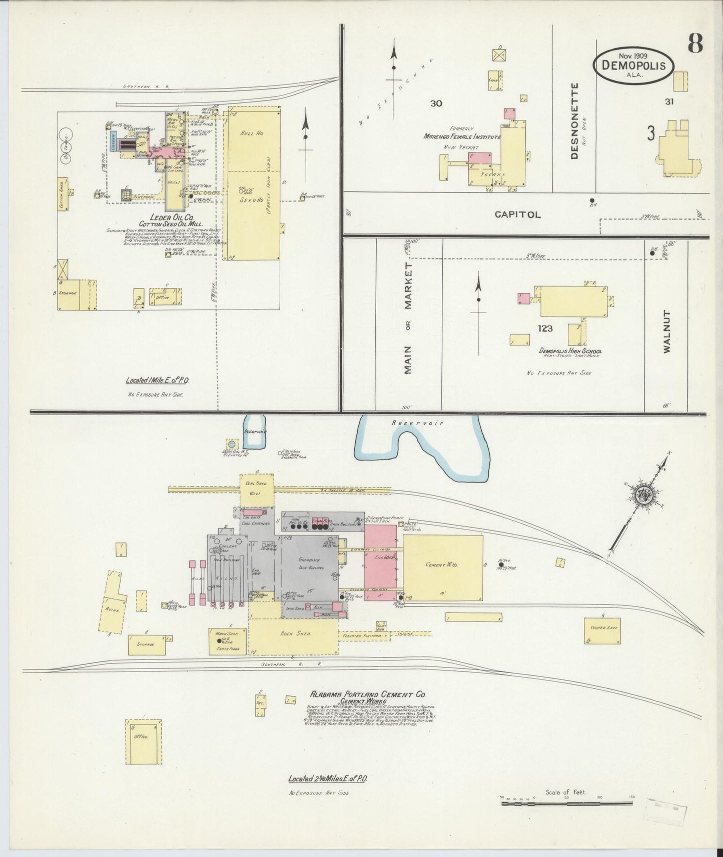 Sanborn Fire Insurance Map from Demopolis, Marengo County, Alabama (1909), Sheet #0008 - Historic Sanborn Fire Insurance Map Print, vintage old map wall art, antique decor, genealogy gift, Alabama Alabama map