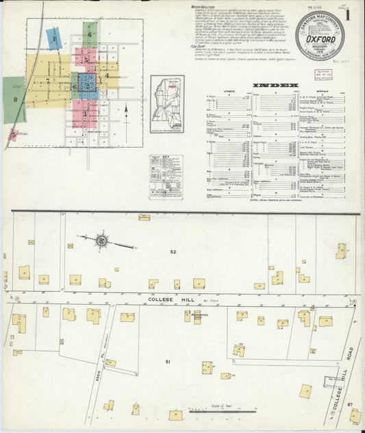 Sanborn Fire Insurance Map from Oxford, Lafayette County, Mississippi (1916), Sheet #0001 - Historic Sanborn Fire Insurance Map Print, vintage old map wall art, antique decor, genealogy gift, Mississippi Mississippi map