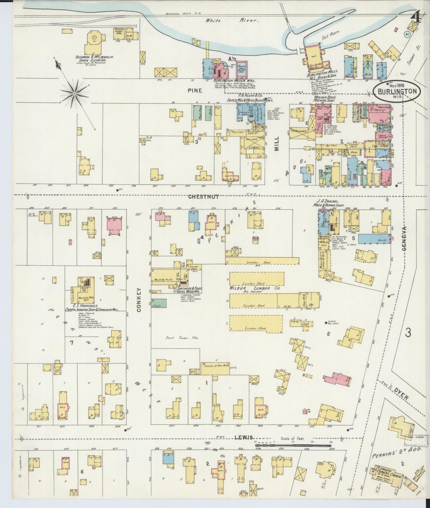 Sanborn Fire Insurance Map from Burlington, Racine County, Wisconsin (1898), Sheet #0004 - Complete Map Set gallery image, historic Sanborn map, vintage wall art, Wisconsin Wisconsin