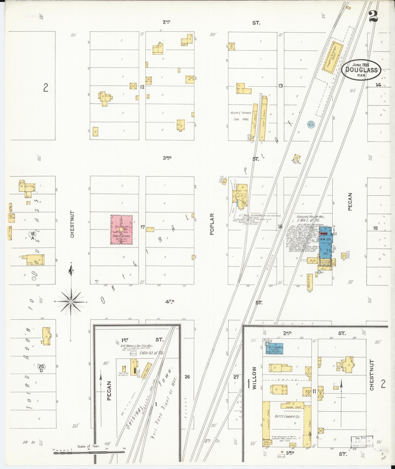 Sanborn Fire Insurance Map from Douglass, Butler County, Kansas (1905), Sheet #0002 - Historic Sanborn Fire Insurance Map Print, vintage old map wall art, antique decor, genealogy gift, Kansas Kansas map