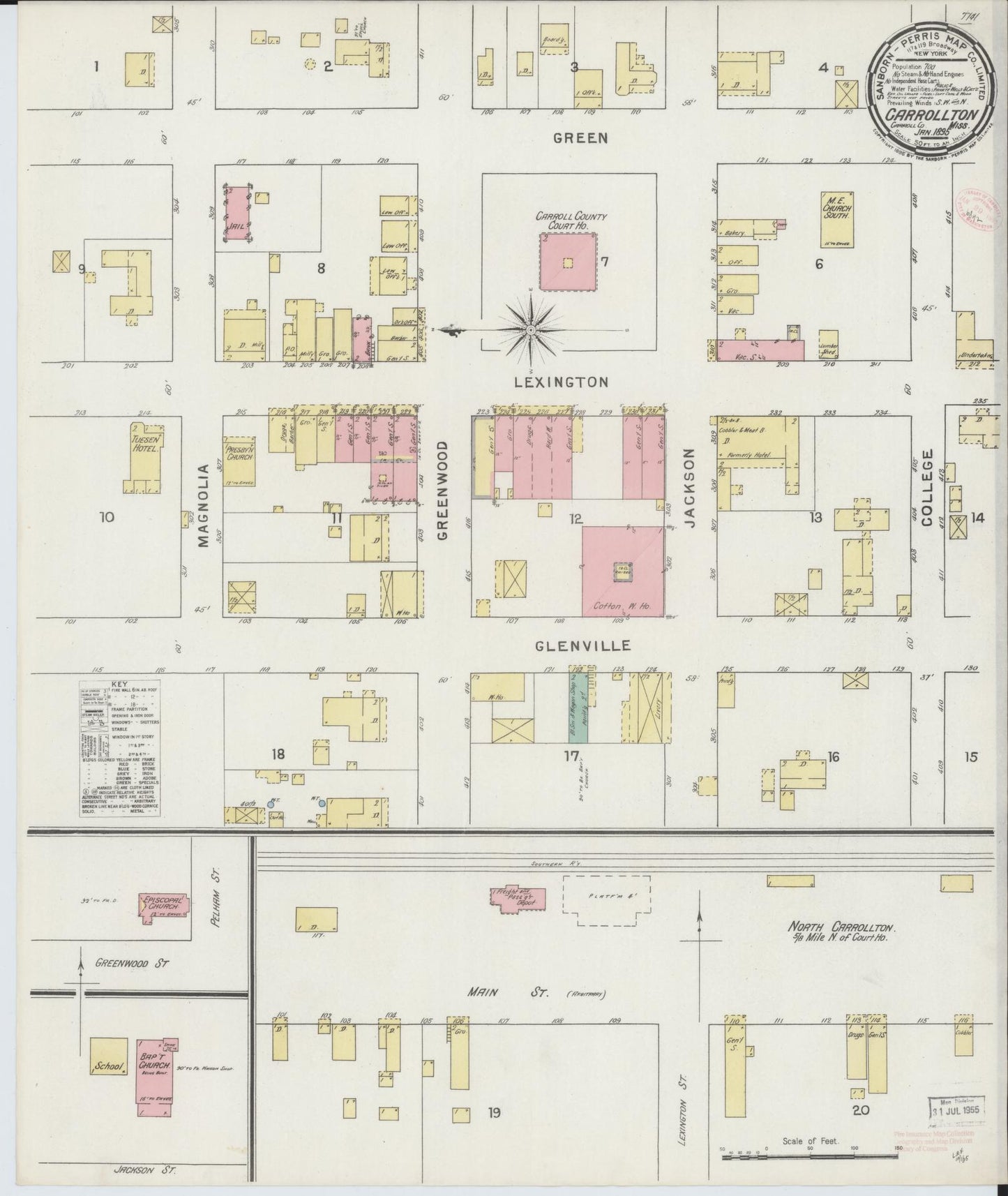 Sanborn Fire Insurance Map from Carrollton, Carroll County, Mississippi (1895), Sheet #0001 - Historic Sanborn Fire Insurance Map Print, vintage old map wall art, antique decor, genealogy gift, Mississippi Mississippi map