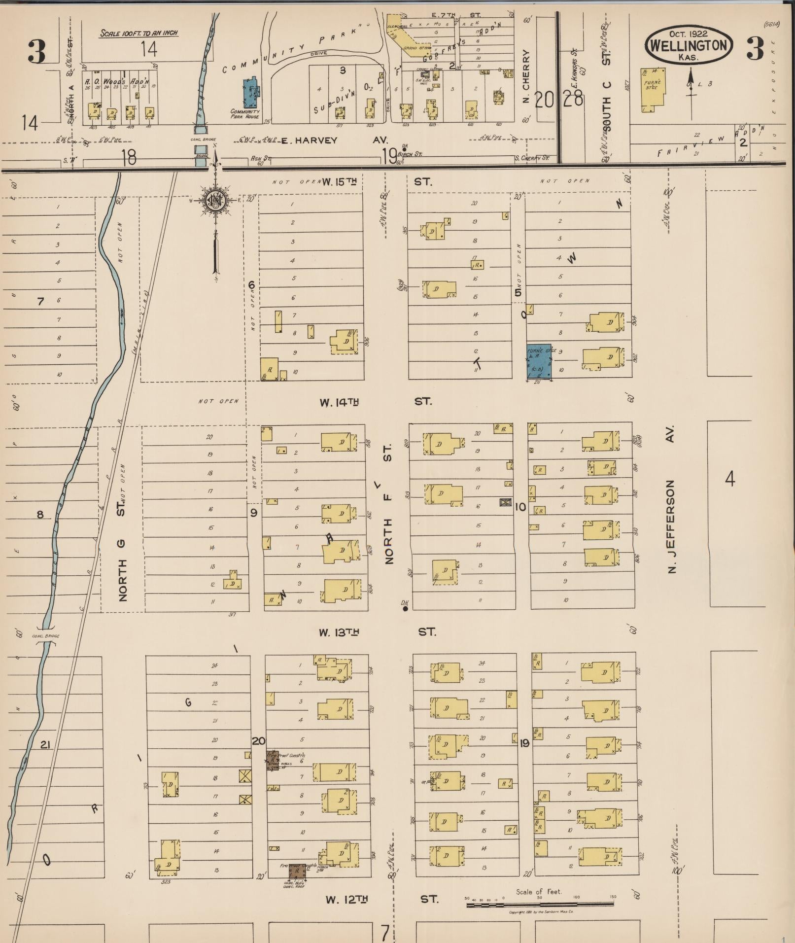 Sanborn Fire Insurance Map from Wellington, Sumner County, Kansas (1922), Sheet #0003 - Complete Map Set gallery image, historic Sanborn map, vintage wall art, Kansas Kansas