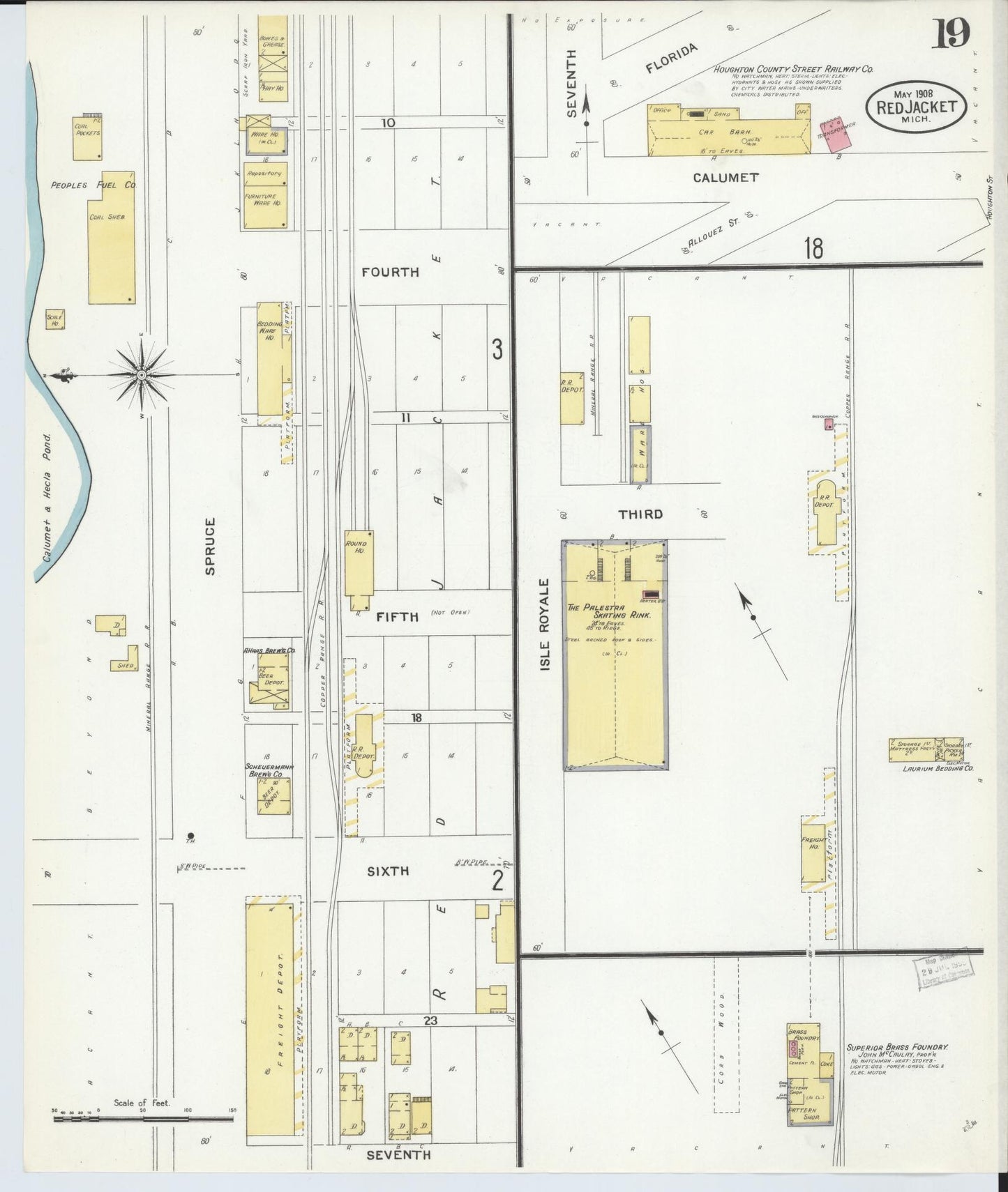 Sanborn Fire Insurance Map from Red Jacket, Houghton County, Michigan (1908), Sheet #0019 - Complete Map Set gallery image, historic Sanborn map, vintage wall art, Michigan Michigan