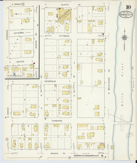 Sanborn Fire Insurance Map from Marine City, Saint Clair County, Michigan (1913), Sheet #0010 - Historic Sanborn Fire Insurance Map Print, vintage old map wall art, antique decor, genealogy gift, Michigan Michigan map