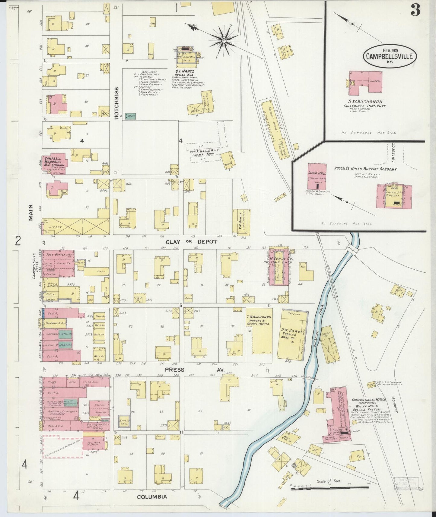 Sanborn Fire Insurance Map from Campbellsville, Taylor County, Kentucky (1908), Sheet #0003 - Complete Map Set gallery image, historic Sanborn map, vintage wall art, Kentucky Kentucky