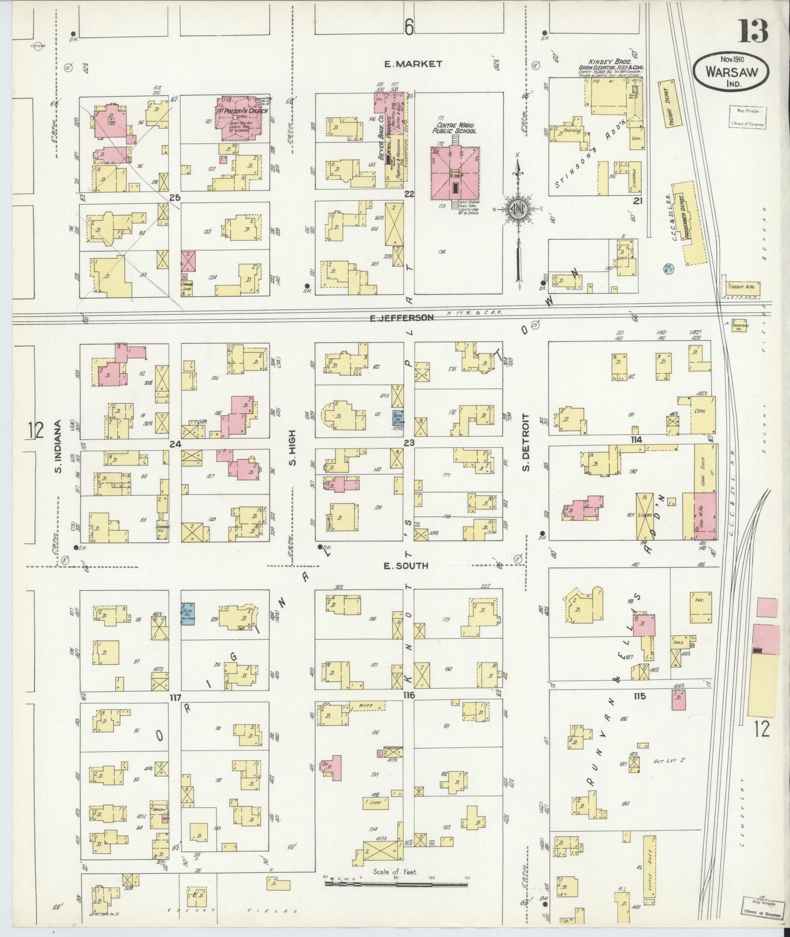 Sanborn Fire Insurance Map from Warsaw, Kosciusko County, Indiana (1910), Sheet #0013 - Complete Map Set gallery image, historic Sanborn map, vintage wall art, Indiana Indiana