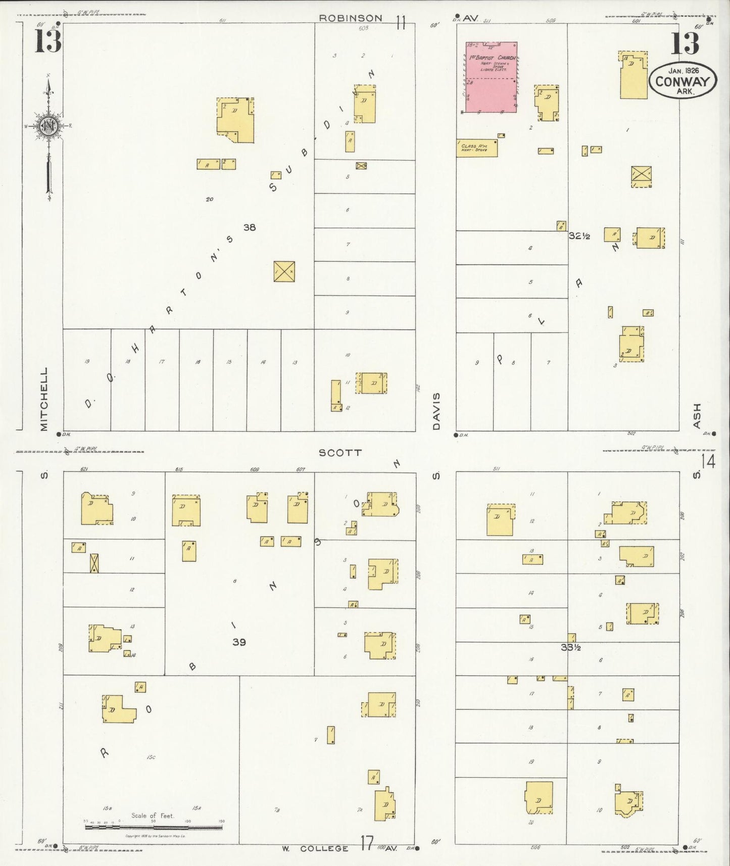Sanborn Fire Insurance Map from Conway, Faulkner County, Arkansas (1926), Sheet #0013 - Historic Sanborn Fire Insurance Map Print, vintage old map wall art, antique decor, genealogy gift, Arkansas Arkansas map