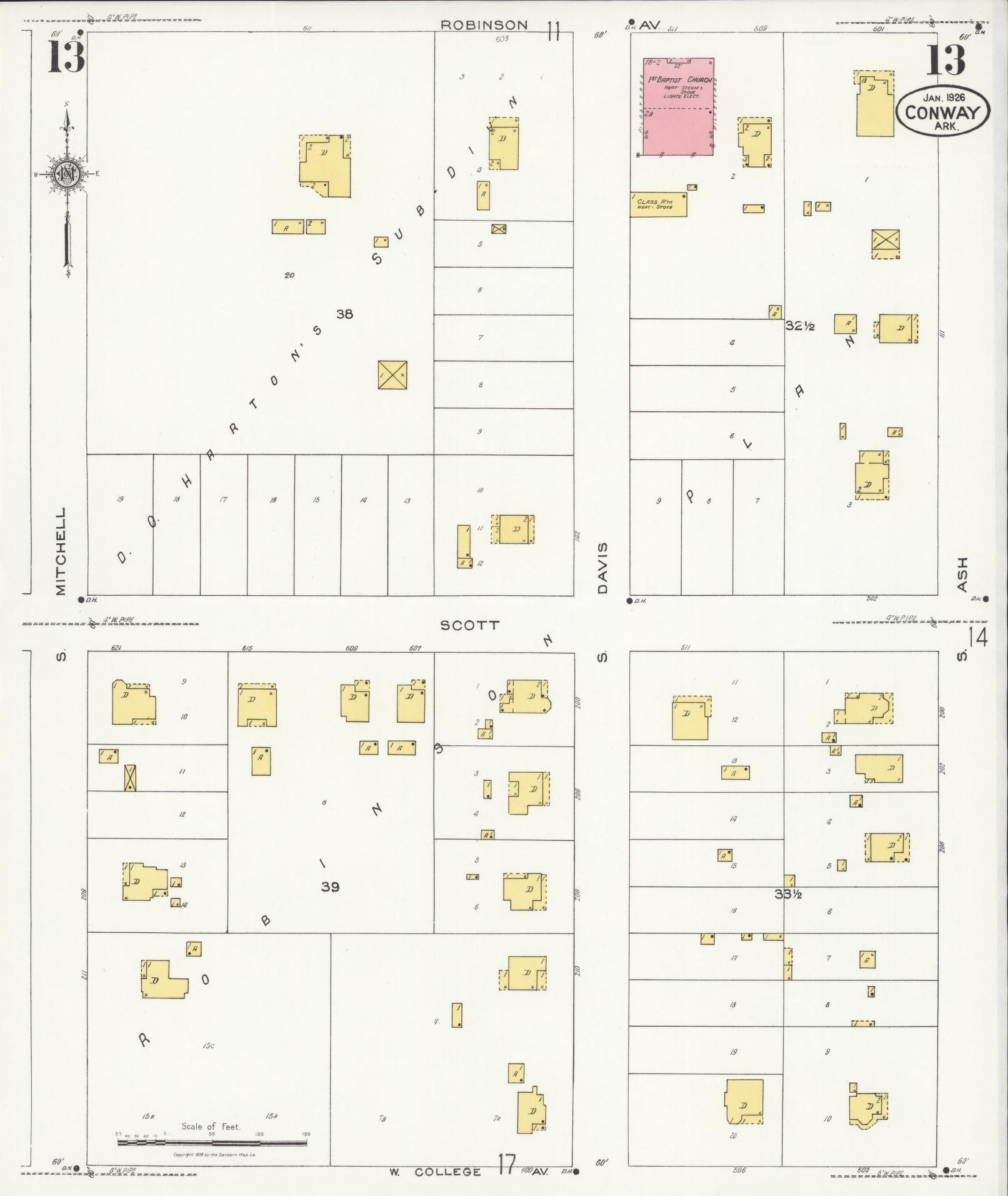 Sanborn Fire Insurance Map from Conway, Faulkner County, Arkansas (1926), Sheet #0013 - Historic Sanborn Fire Insurance Map Print, vintage old map wall art, antique decor, genealogy gift, Arkansas Arkansas map