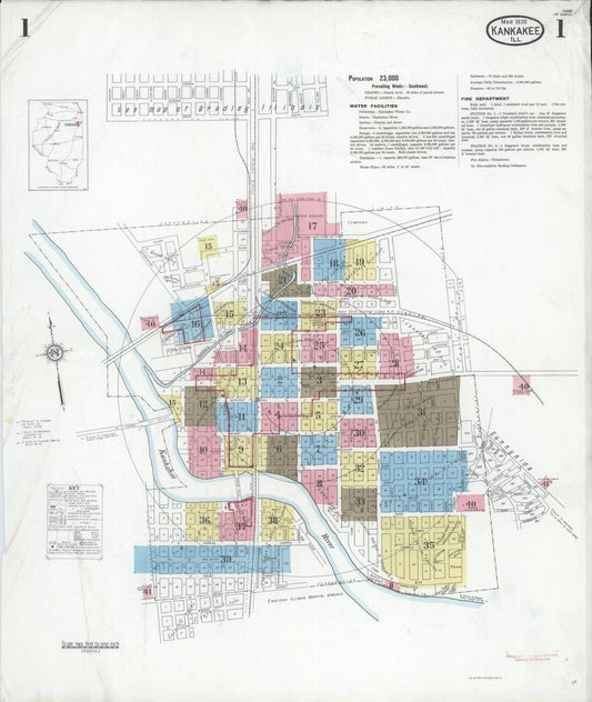 Sanborn Fire Insurance Map from Kankakee, Kankakee County, Illinois (1930), Sheet #0001 - Complete Map Set gallery image, historic Sanborn map, vintage wall art, Illinois Illinois