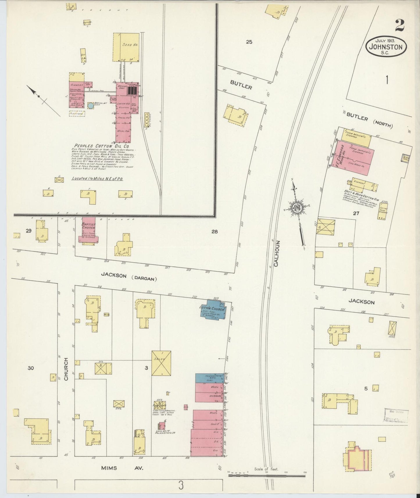 Sanborn Fire Insurance Map from Johnston, Edgefield County, South Carolina (1913), Sheet #0002 - Complete Map Set gallery image, historic Sanborn map, vintage wall art, South Carolina South Carolina