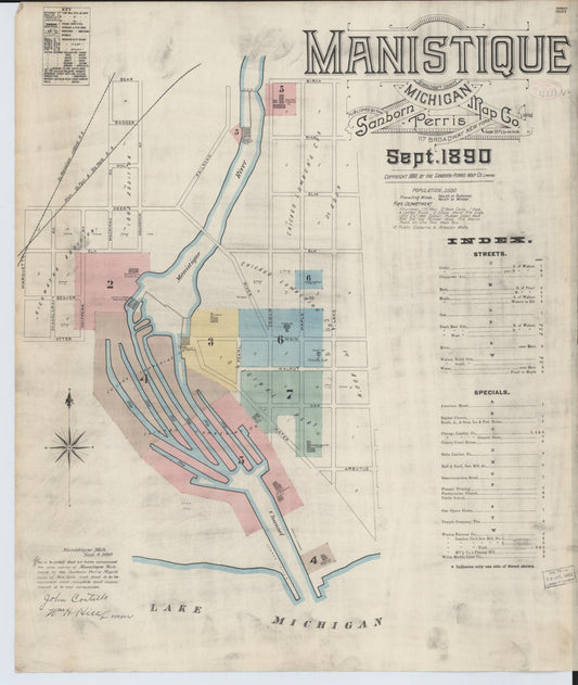 Sanborn Fire Insurance Map from Manistique, Schoolcraft County, Michigan (1890), Sheet #0001 - Historic Sanborn Fire Insurance Map Print, vintage old map wall art, antique decor, genealogy gift, Michigan Michigan map