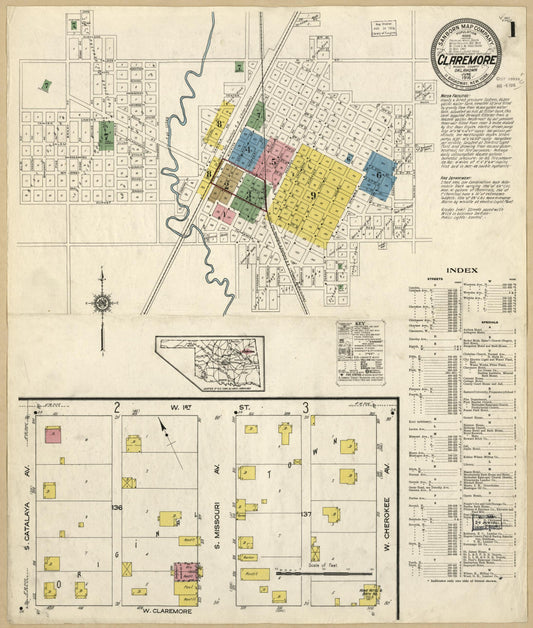 Sanborn Fire Insurance Map from Claremore, Rogers County, Oklahoma (1916), Sheet #0001 - Historic Sanborn Fire Insurance Map Print, vintage old map wall art, antique decor, genealogy gift, Oklahoma Oklahoma map