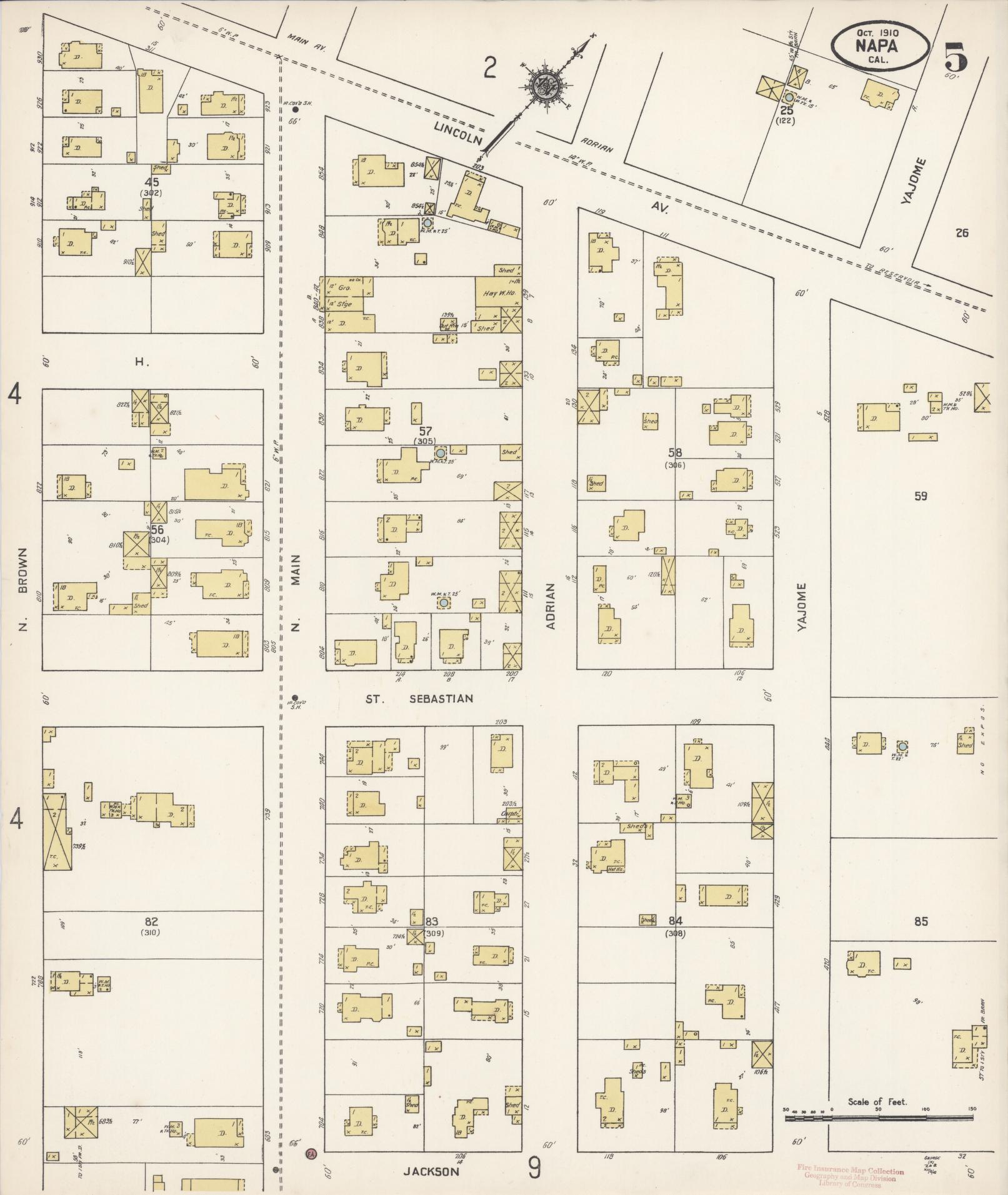 Sanborn Fire Insurance Map from Napa, Napa County, California (1910), Sheet #0005 - Historic Sanborn Fire Insurance Map Print, vintage old map wall art, antique decor, genealogy gift, California California map