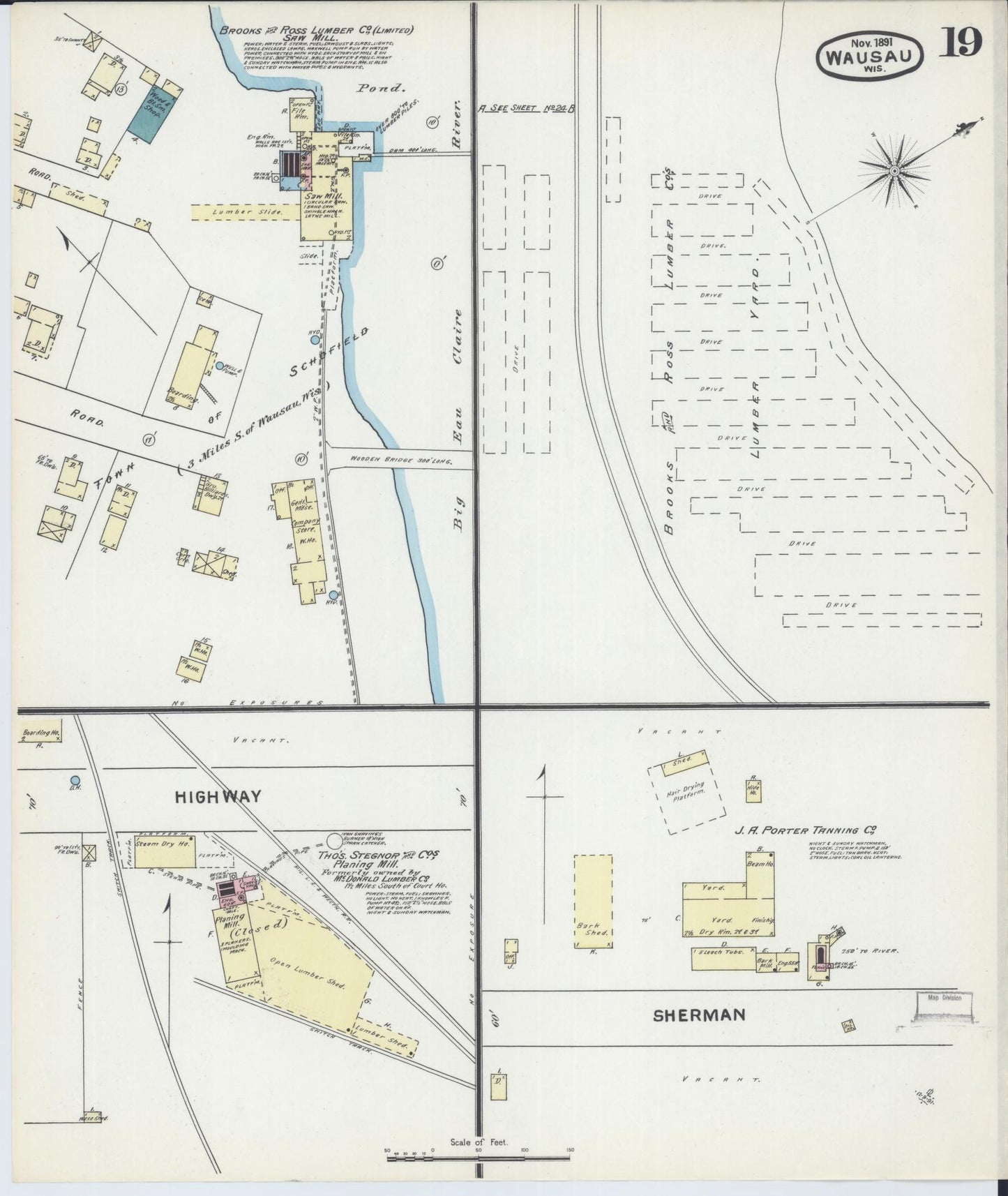 Sanborn Fire Insurance Map from Wausau, Marathon County, Wisconsin (1891), Sheet #0019 - Historic Sanborn Fire Insurance Map Print, vintage old map wall art, antique decor, genealogy gift, Wisconsin Wisconsin map