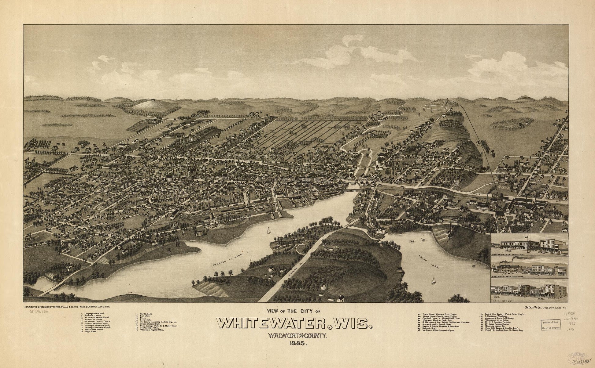 View of the city of Whitewater, Wis. Walworth-County 1855. (1855) – Historic Bird’s-Eye View Panorama Print