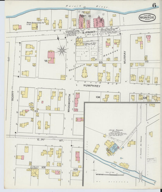 Sanborn Fire Insurance Map from Monroe, Monroe County, Michigan (1893), Sheet #0006 - Historic Sanborn Fire Insurance Map Print, vintage old map wall art, antique decor, genealogy gift, Michigan Michigan map