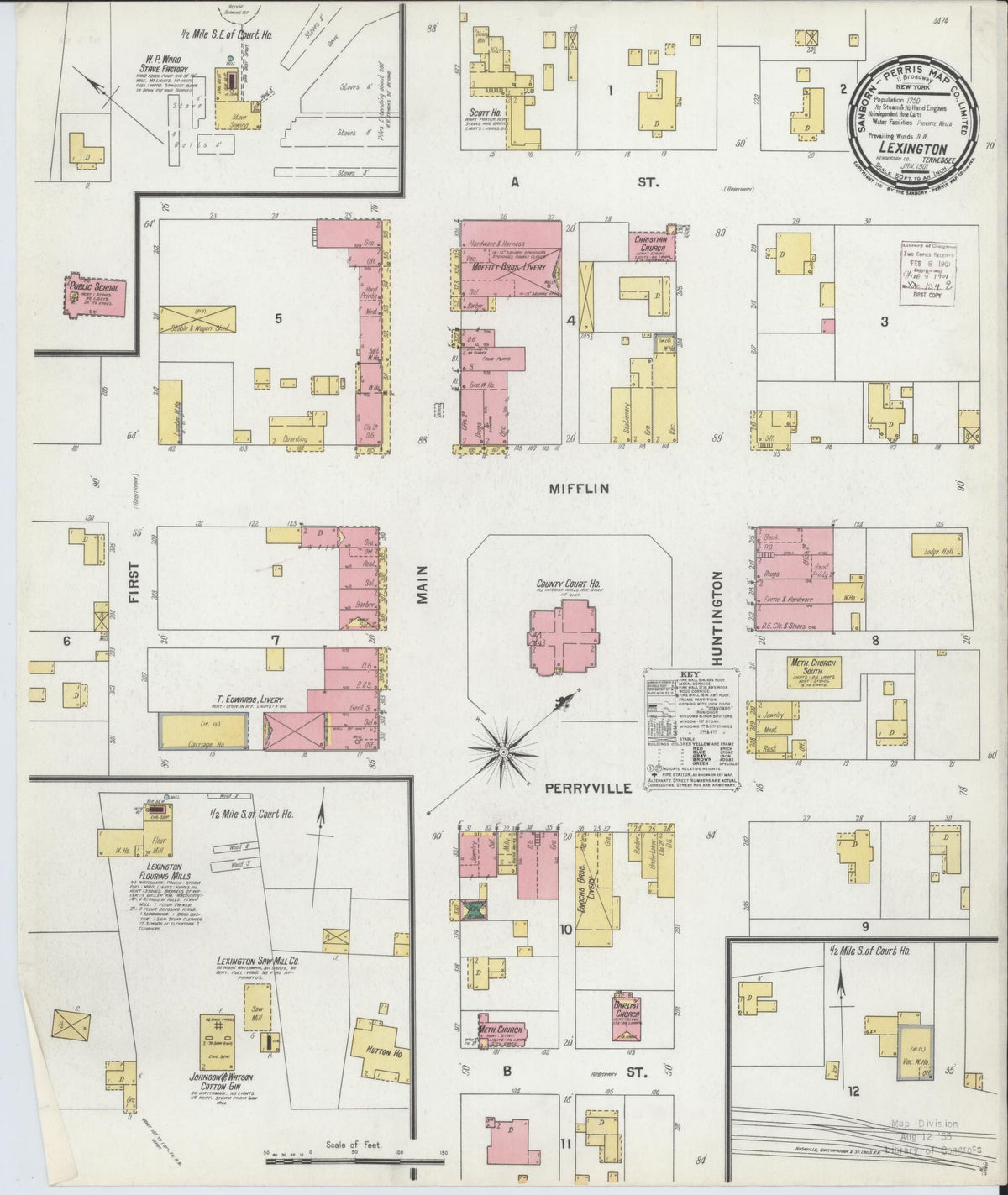 Sanborn Fire Insurance Map from Lexington, Henderson County, Tennessee (1901), Sheet #0001 - Historic Sanborn Fire Insurance Map Print, vintage old map wall art, antique decor, genealogy gift, Tennessee Tennessee map