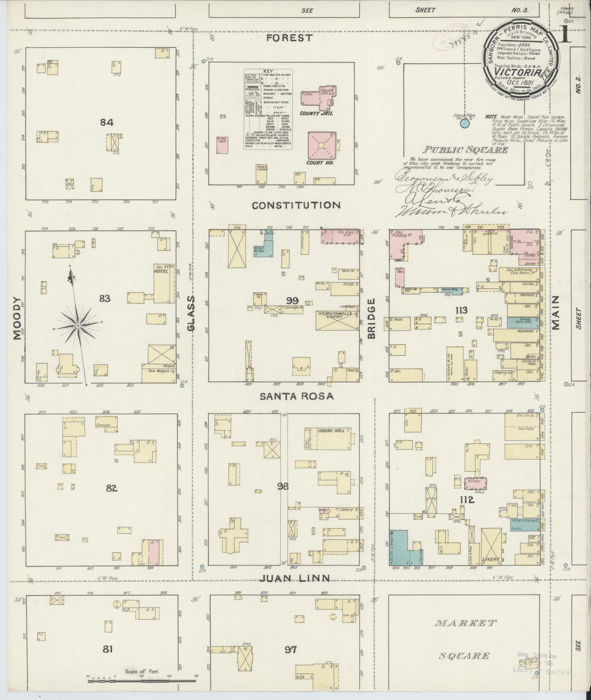 Sanborn Fire Insurance Map from Victoria, Victoria County, Texas (1891), Sheet #0001 - Historic Sanborn Fire Insurance Map Print, vintage old map wall art, antique decor, genealogy gift, Texas Texas map