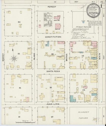 Sanborn Fire Insurance Map from Victoria, Victoria County, Texas (1891), Sheet #0001 - Historic Sanborn Fire Insurance Map Print, vintage old map wall art, antique decor, genealogy gift, Texas Texas map